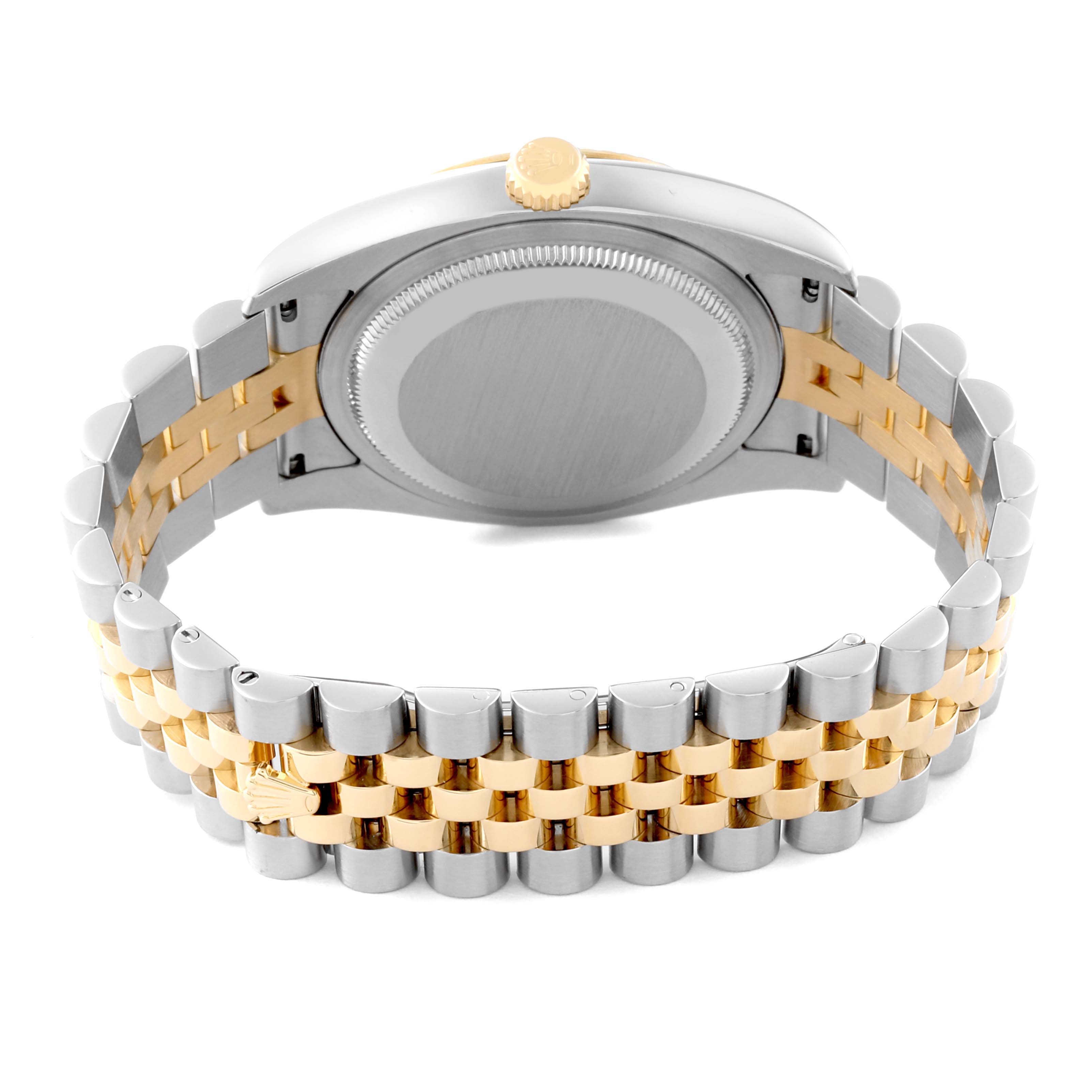 The image shows the back of a Rolex Datejust 116233 Men's Steel and Gold (two tone) Silver Dial 116233 Men's Steel and Gold (two tone) Silver Dial watch, highlighting its two-tone metal bracelet and caseback.