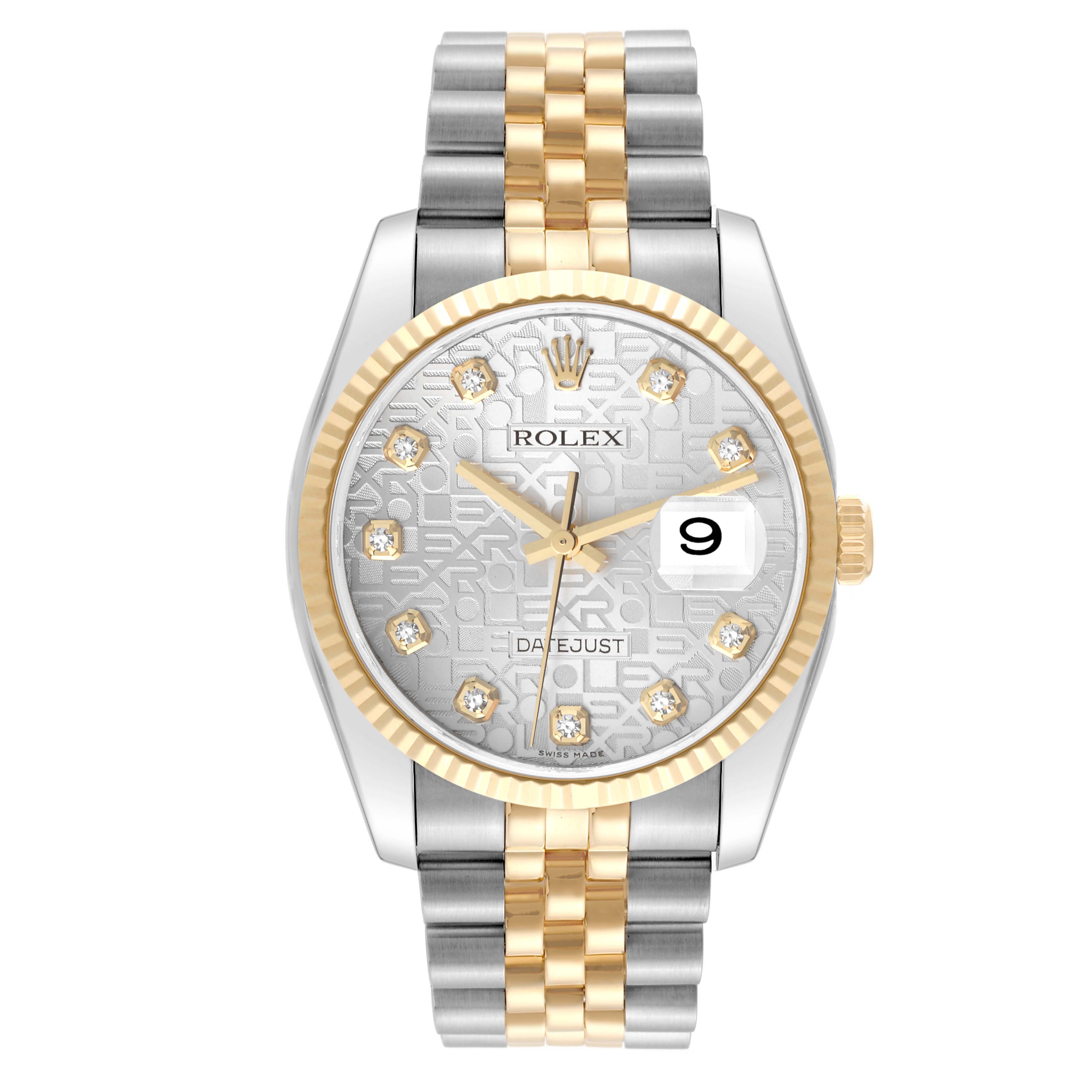 This is a Rolex Datejust 116233 Men's Steel and Gold (two tone) Silver Dial 116233 Men's Steel and Gold (two tone) Silver Dial watch shown from a front angle, featuring a two-tone bracelet, fluted bezel, and silver patterned dial.