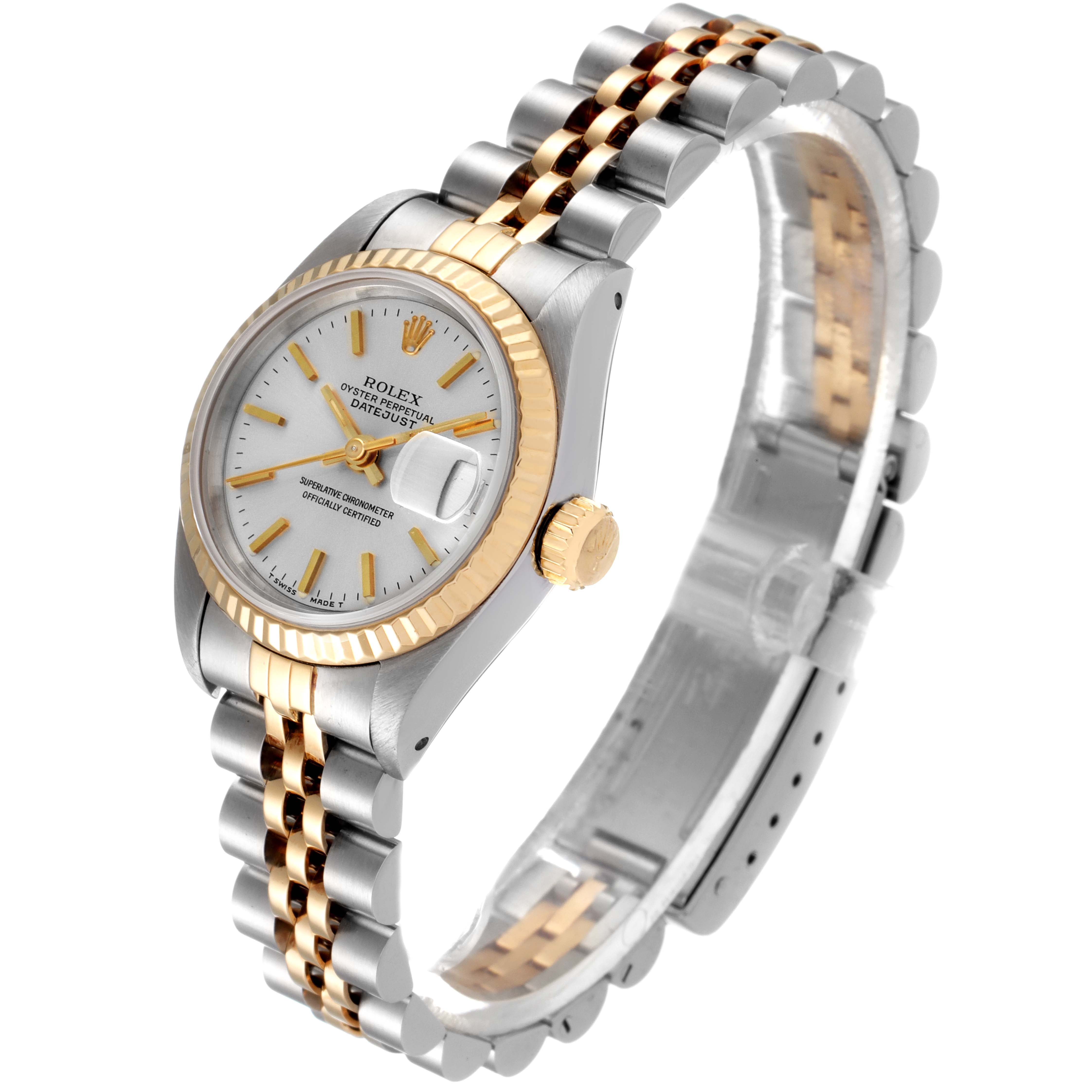 The image shows a Rolex Datejust 69173 Women
s Steel and Gold (two tone) Silver Dial 69173 Women
s Steel and Gold (two tone) Silver Dial watch angled to display the face, bezel, crown, and part of the dual-tone bracelet.