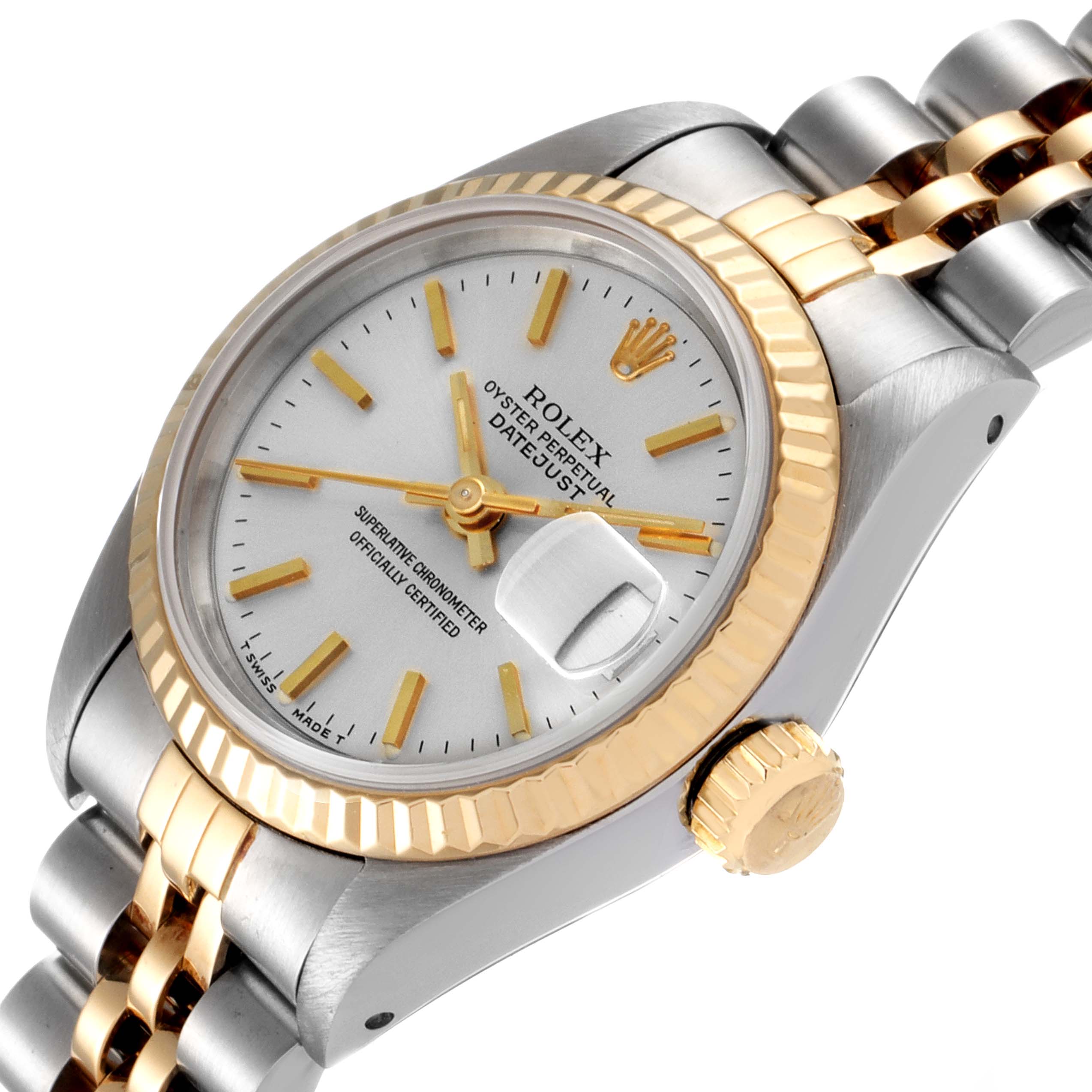 The image shows a close-up of a Rolex Datejust 69173 Women
s Steel and Gold (two tone) Silver Dial 69173 Women
s Steel and Gold (two tone) Silver Dial watch at an angled side view, displaying the dial, bezel, crown, and bracelet.