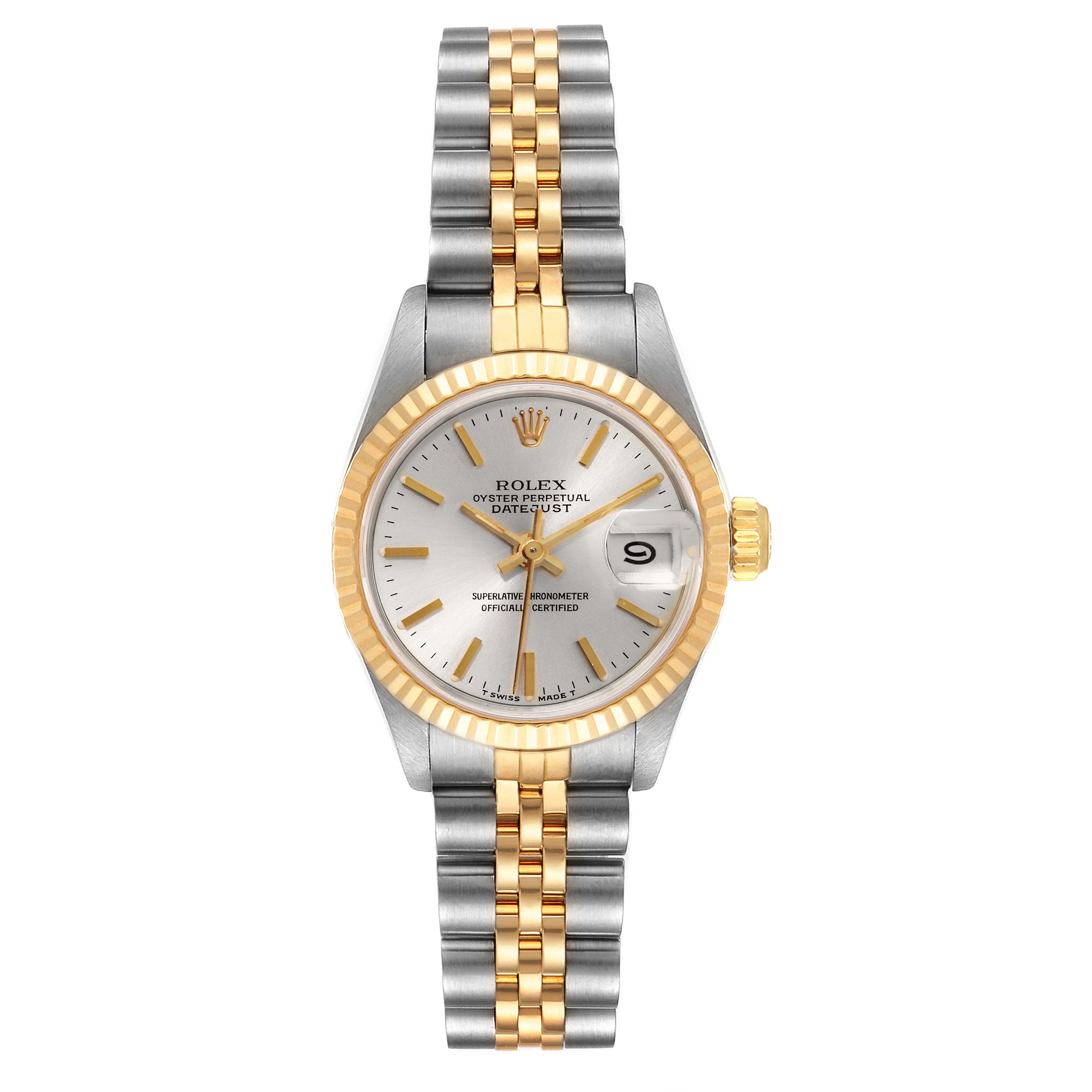 This image shows a Rolex Datejust 69173 Women
s Steel and Gold (two tone) Silver Dial 69173 Women
s Steel and Gold (two tone) Silver Dial watch taken from a straight-on angle, displaying the watch face, bezel, and bracelet clearly.