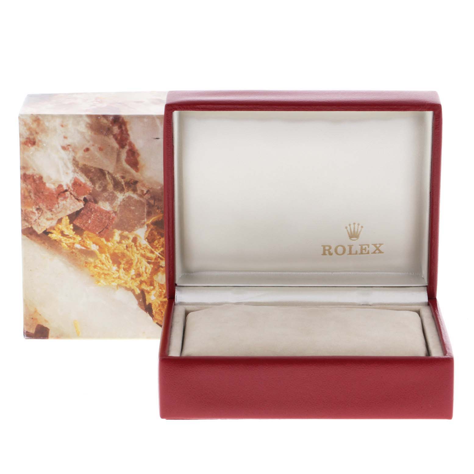 The image shows an open red watch box with the Rolex logo on the inside lid, designed for the Rolex Datejust 69173 Women
s Steel and Gold (two tone) Silver Dial 69173 Women
s Steel and Gold (two tone) Silver Dial model.