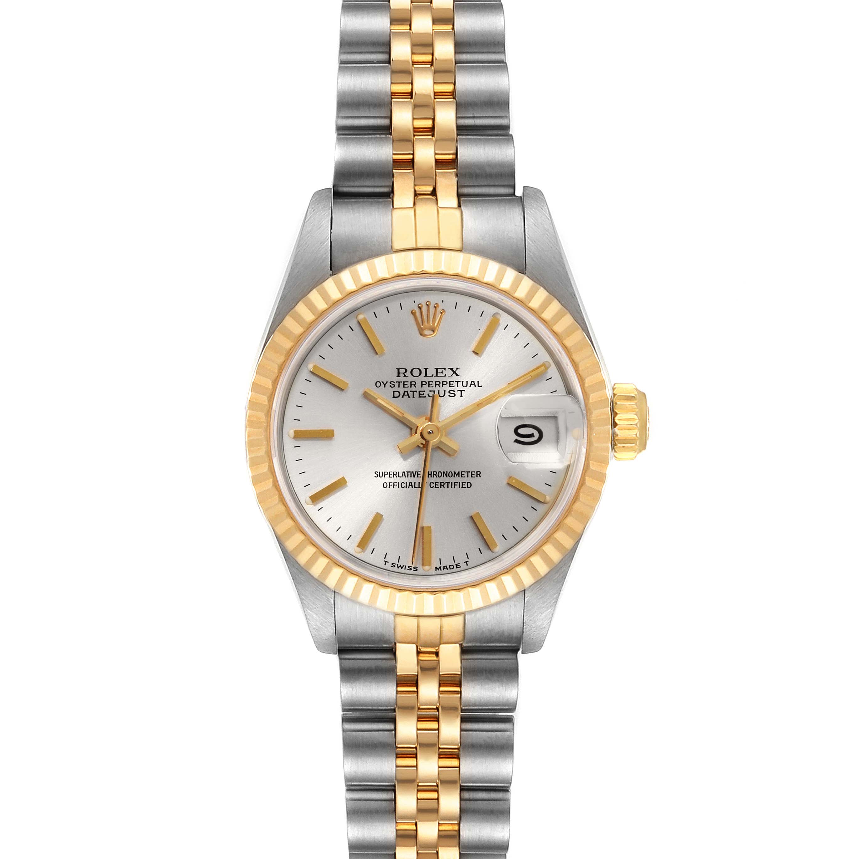 This image shows a Rolex Datejust 69173 Women
s Steel and Gold (two tone) Silver Dial 69173 Women
s Steel and Gold (two tone) Silver Dial watch, featuring the dial, bezel, and Jubilee bracelet in a front view.