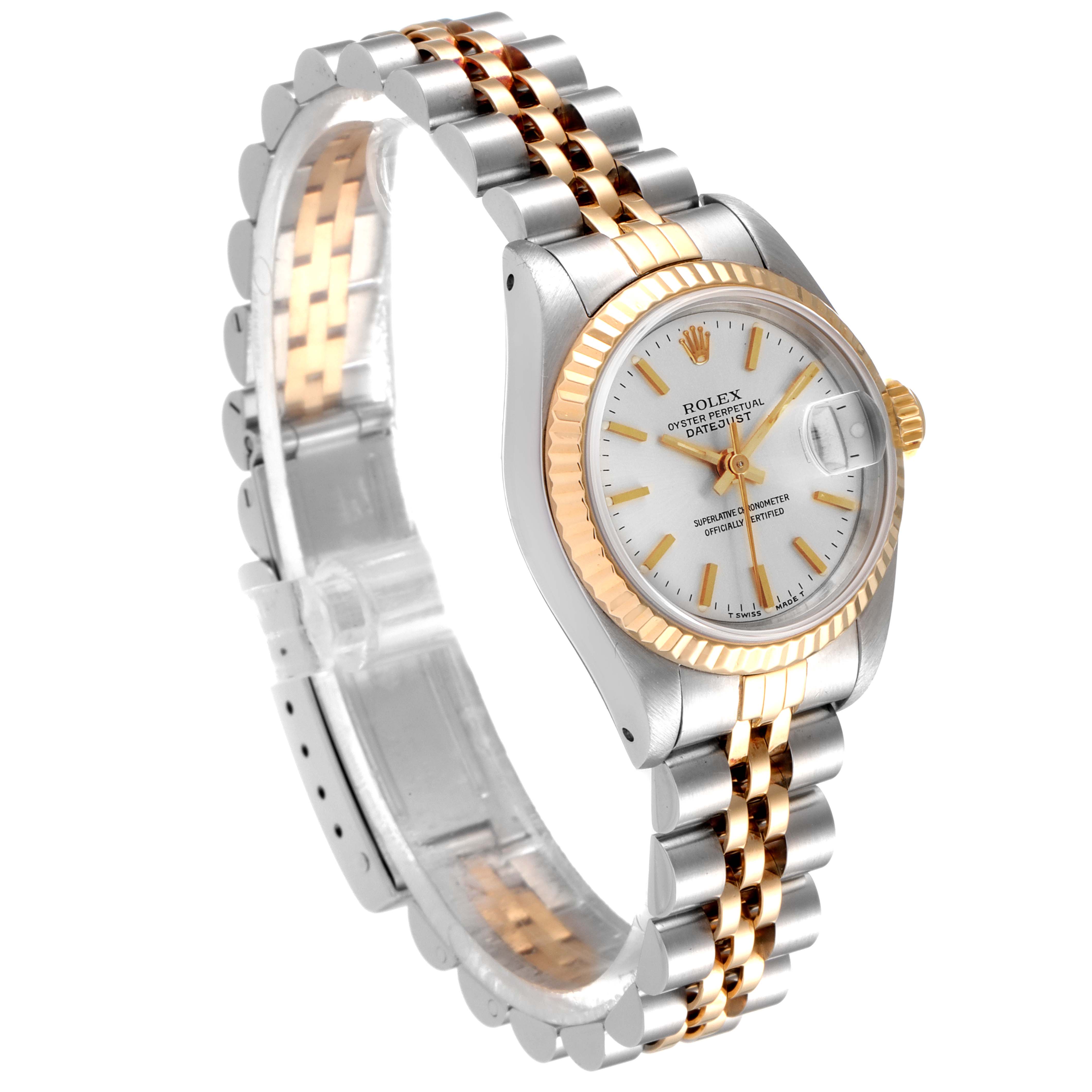 The image shows a Rolex Datejust 69173 Women
s Steel and Gold (two tone) Silver Dial 69173 Women
s Steel and Gold (two tone) Silver Dial watch at a three-quarter angle, highlighting its dial, bezel, and jubilee bracelet.