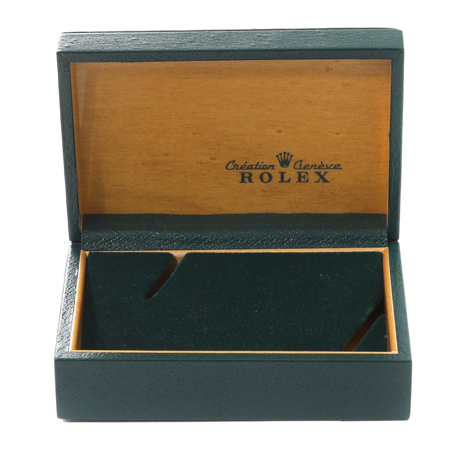 The image shows an open green and wood Rolex watch box from the Vintage Collection model.