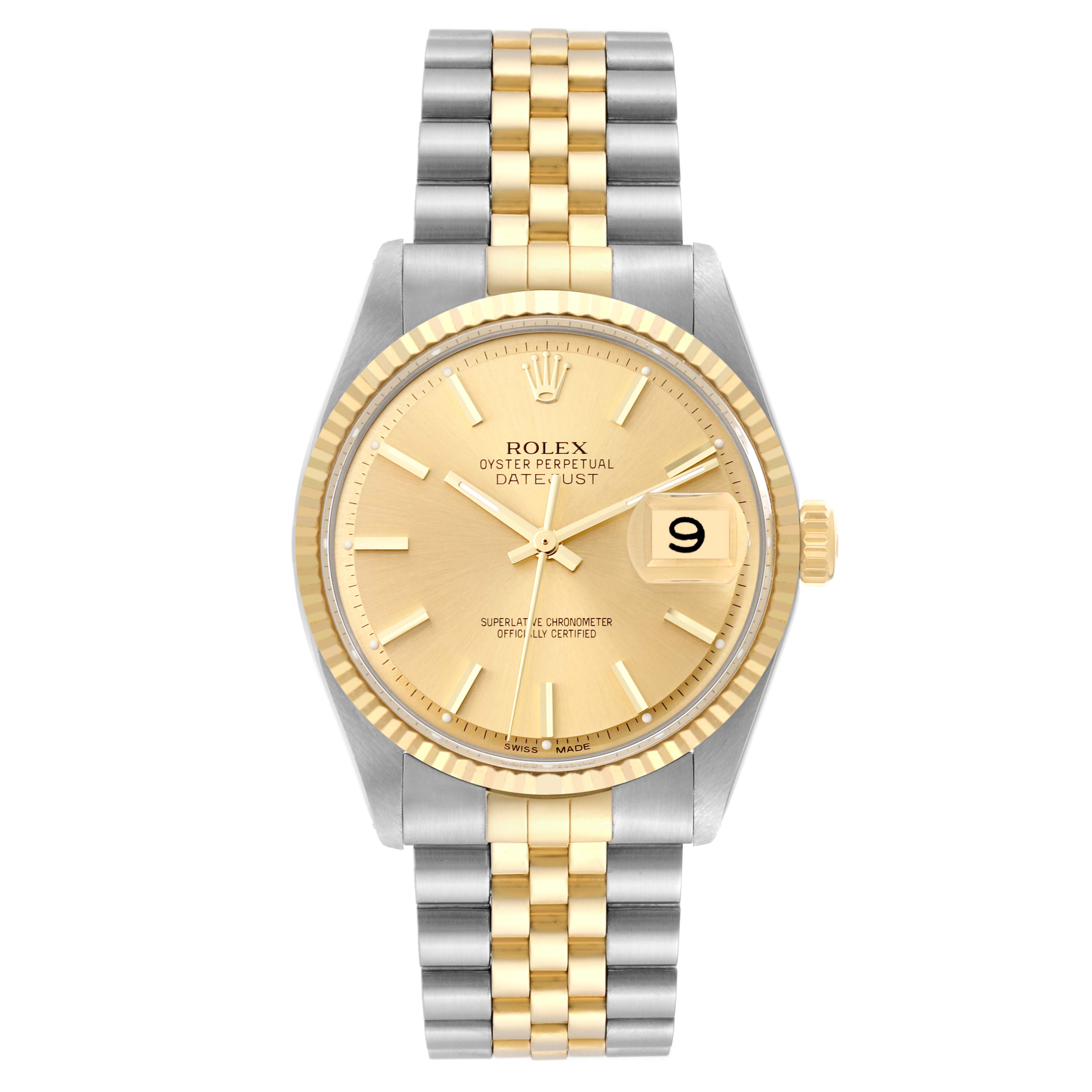 The image shows a front view of the Vintage Collection Rolex Oyster Perpetual Datejust watch with a gold and silver bracelet.