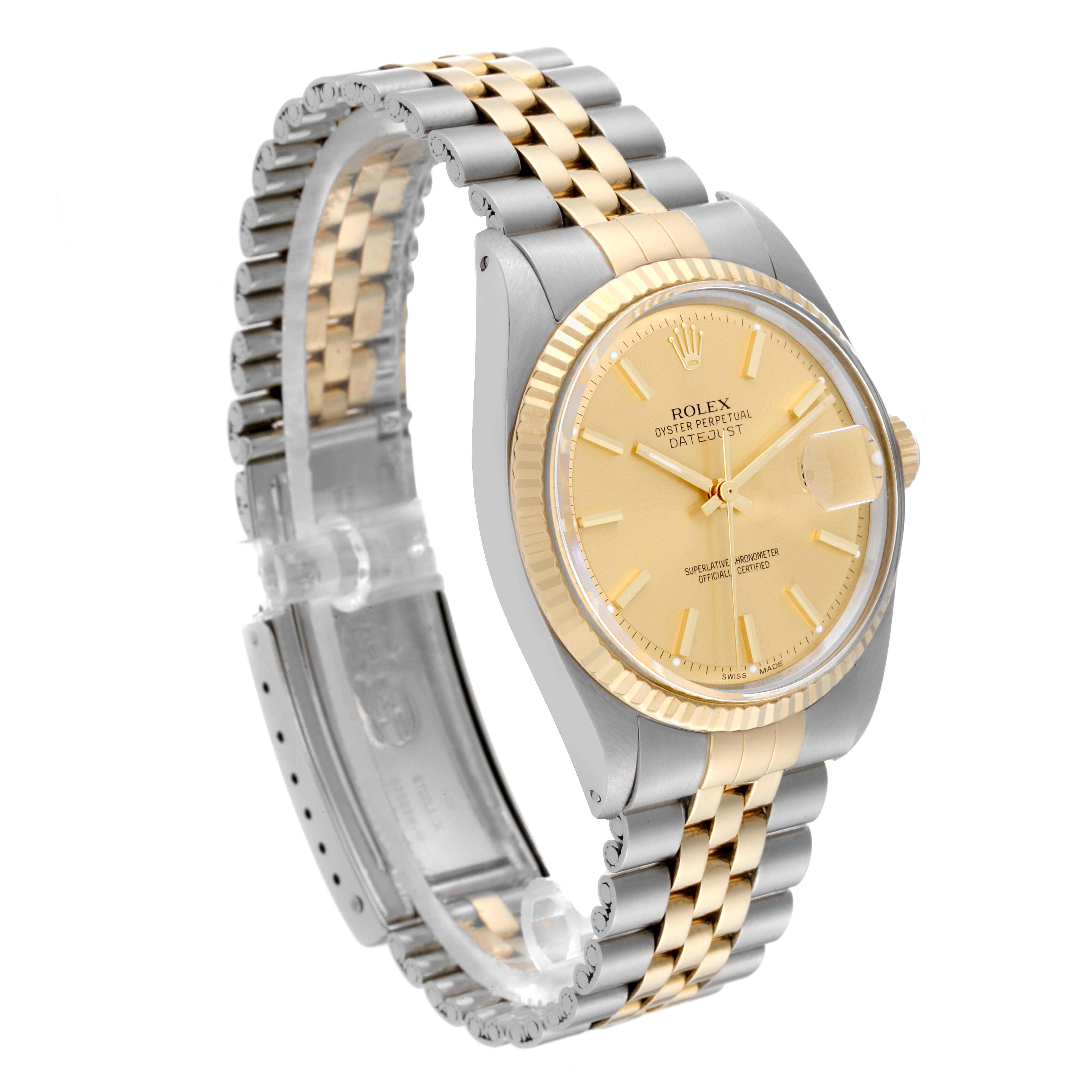 The Rolex Vintage Collection 16013 Men's Steel and Gold (two tone) Champagne Dial 16013 Men's Steel and Gold (two tone) Champagne Dial model is shown at a slight angle, displaying its gold and silver two-tone bracelet, face, and crown.