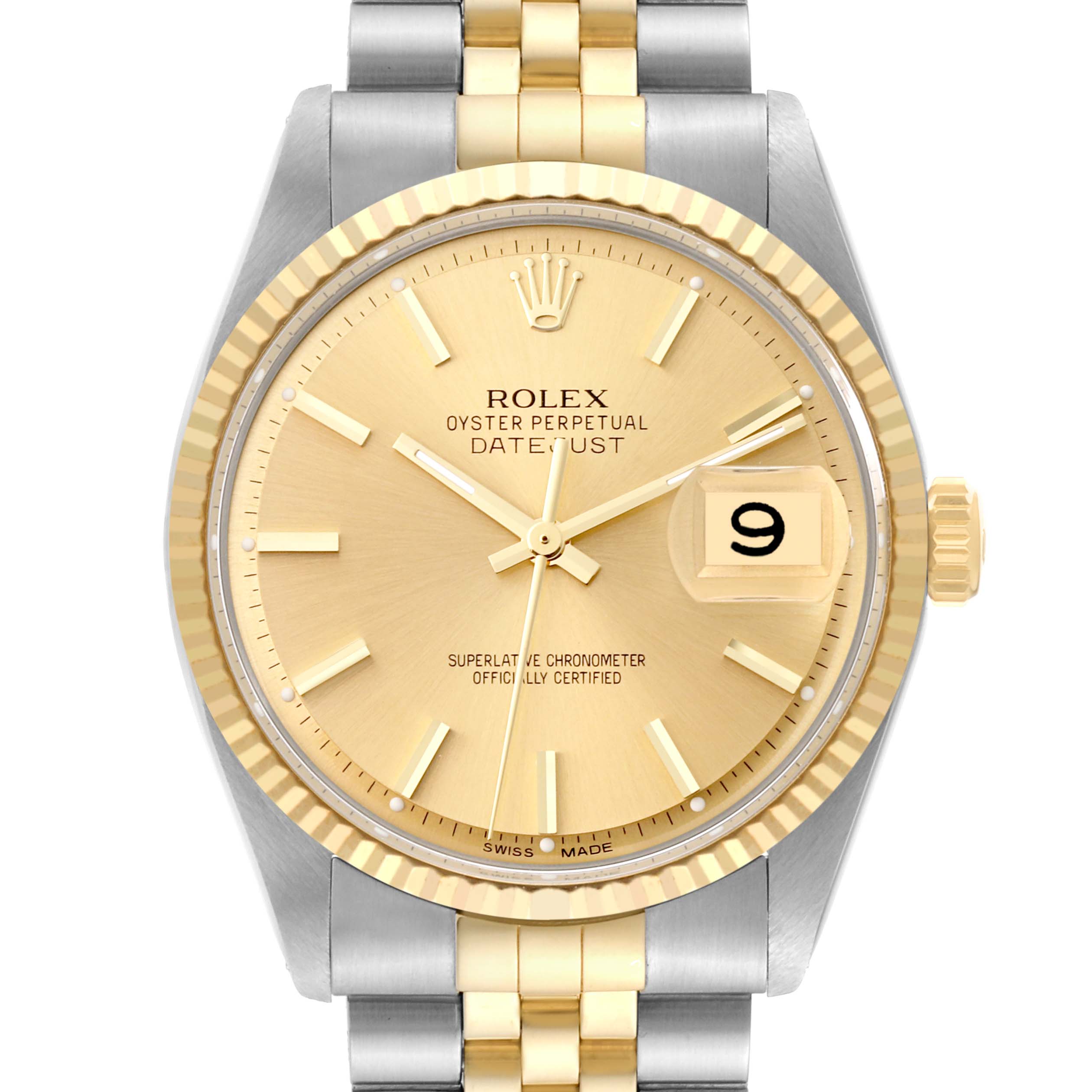 The image shows the full front view of the Rolex Vintage Collection 16013 Men's Steel and Gold (two tone) Champagne Dial 16013 Men's Steel and Gold (two tone) Champagne Dial Datejust watch, highlighting the dial, bezel, crown, and bracelet.