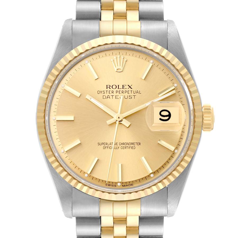 The image shows the full front view of the Rolex Vintage Collection Datejust watch, highlighting the dial, bezel, crown, and bracelet.