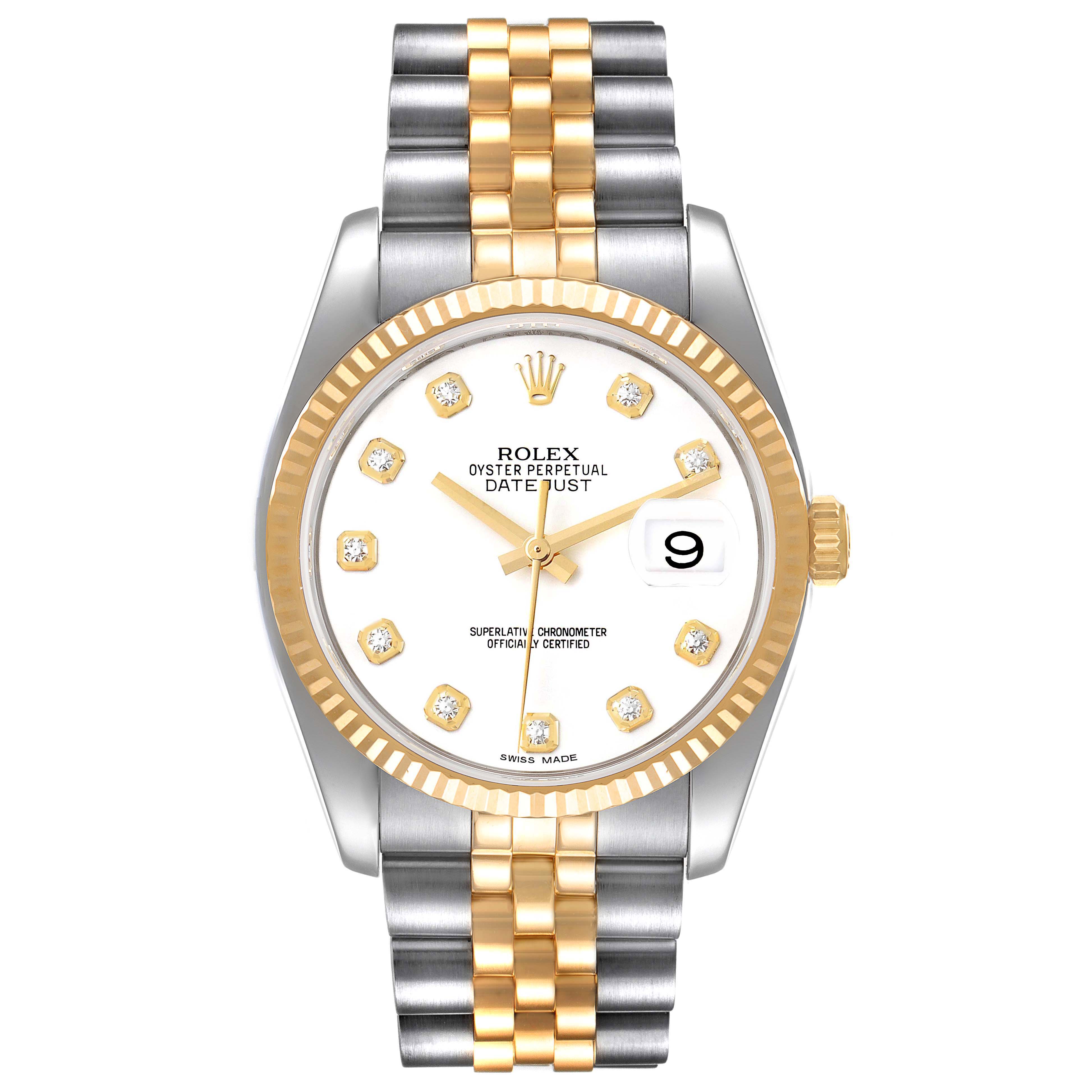 The image shows a Rolex Datejust 116233 Men's Steel and Gold (two tone) White Dial 116233 Men's Steel and Gold (two tone) White Dial watch from a front angle, capturing its two-tone bracelet, white dial, diamond hour markers, and date window.