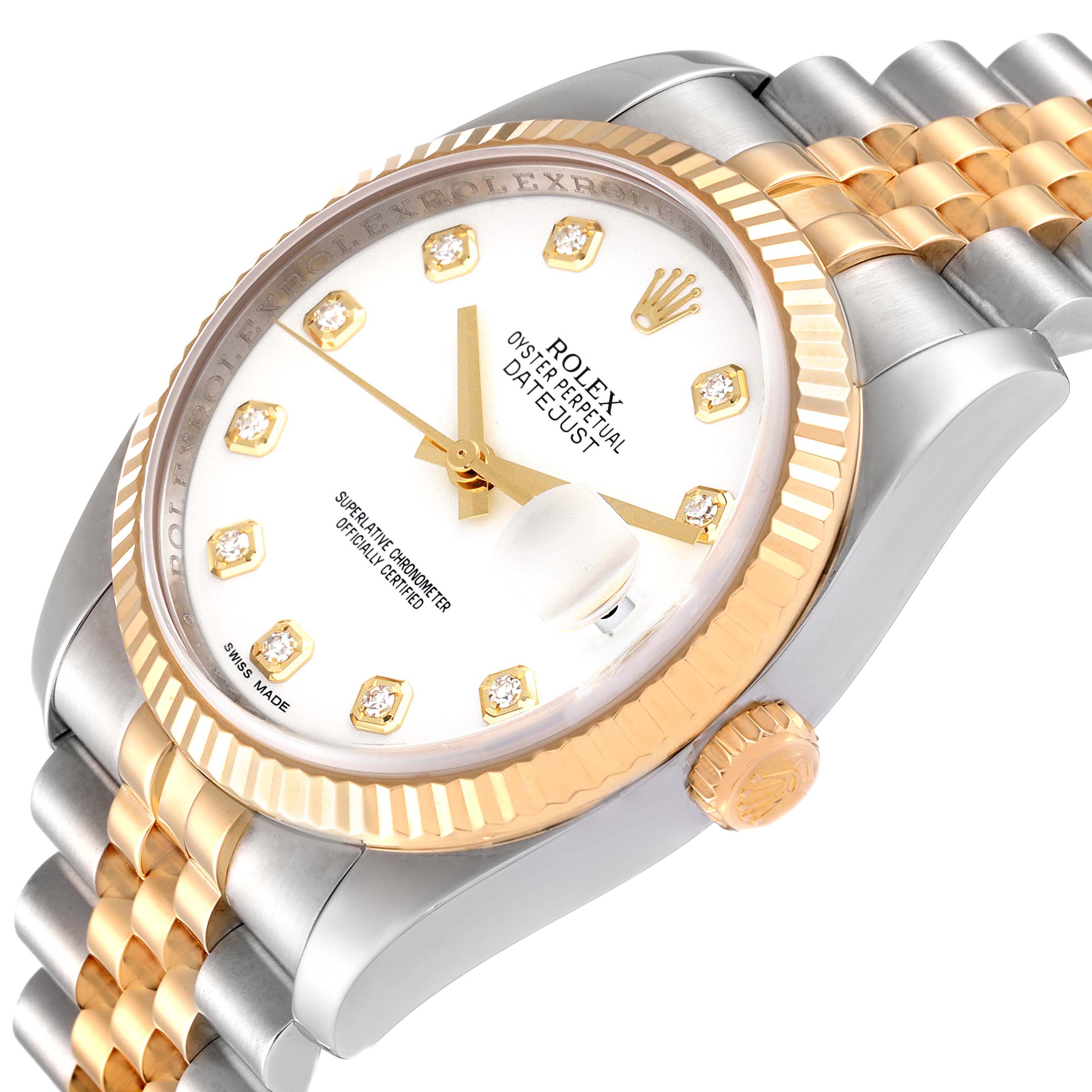 This image shows an angled view of a Rolex Datejust 116233 Men's Steel and Gold (two tone) White Dial 116233 Men's Steel and Gold (two tone) White Dial watch, highlighting the dial, bezel, and bracelet.