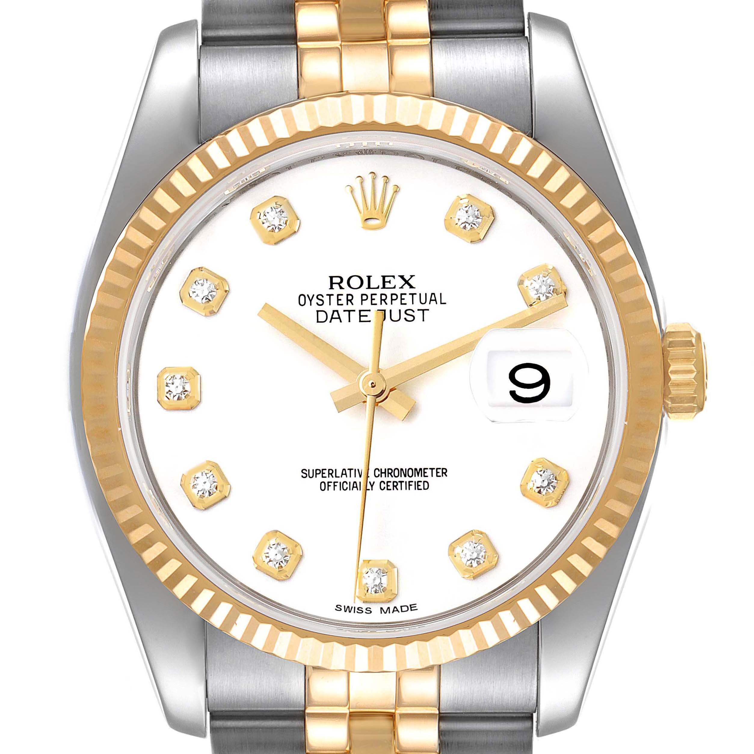 The image shows a frontal view of a Rolex Datejust 116233 Men's Steel and Gold (two tone) White Dial 116233 Men's Steel and Gold (two tone) White Dial watch with a gold and silver bracelet, white dial, and date display.