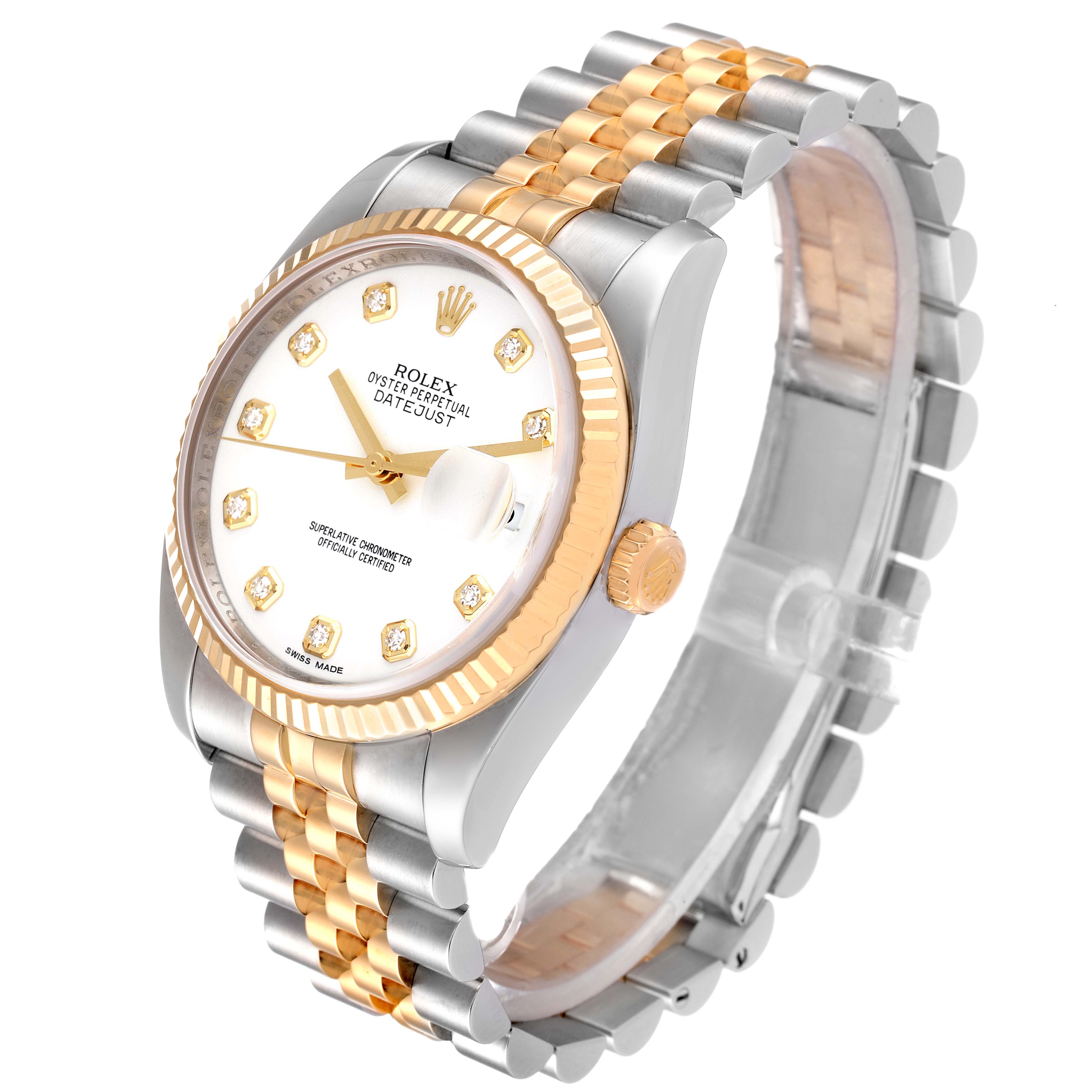 The image shows a side and front view of a Rolex Datejust 116233 Men's Steel and Gold (two tone) White Dial 116233 Men's Steel and Gold (two tone) White Dial watch with a two-tone bracelet and diamond hour markers on the dial.