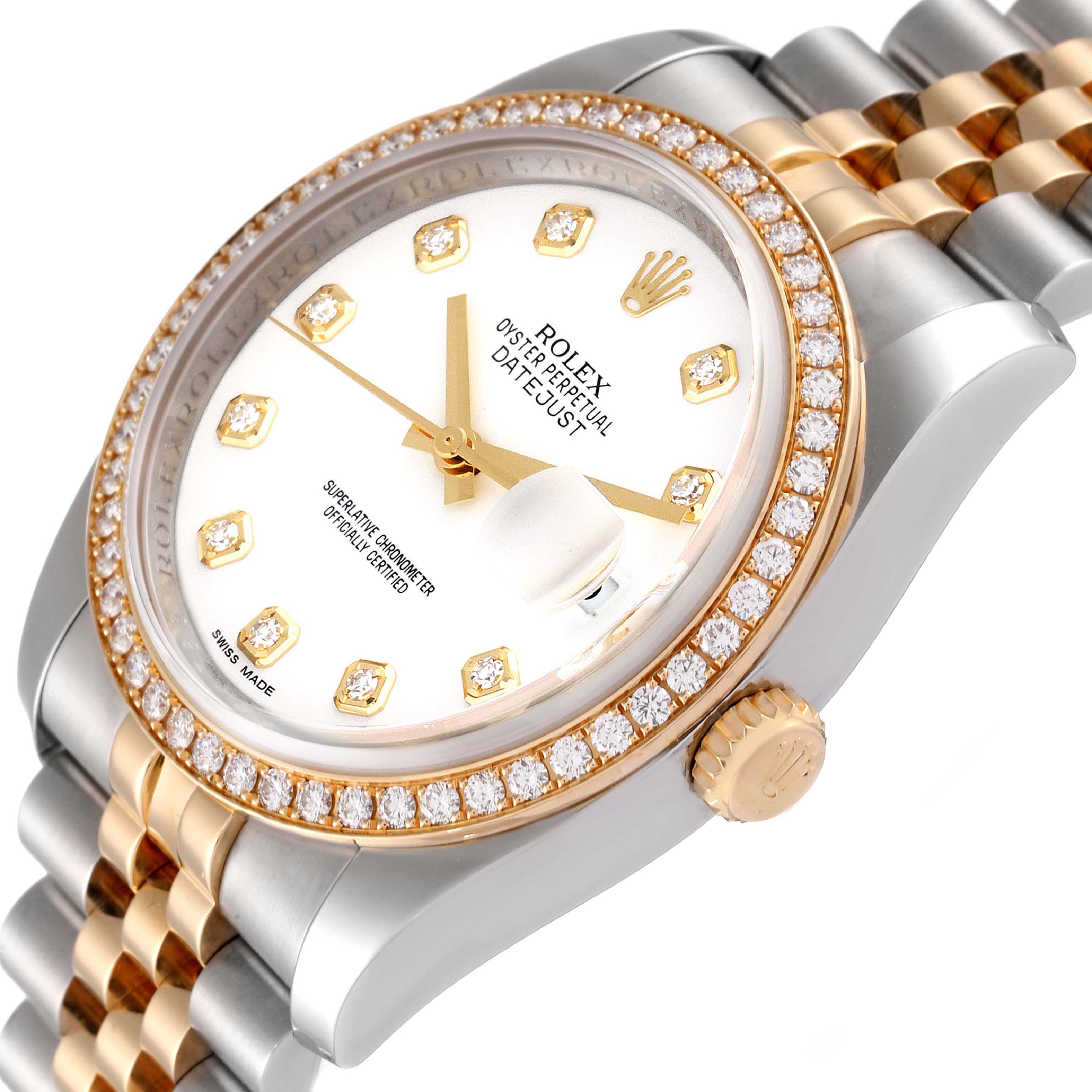 This image shows a close-up side angle of a Rolex Datejust 116243 Men's Steel and Gold (two tone) White Dial 116243 Men's Steel and Gold (two tone) White Dial watch, highlighting the dial, bezel, and part of the bracelet.