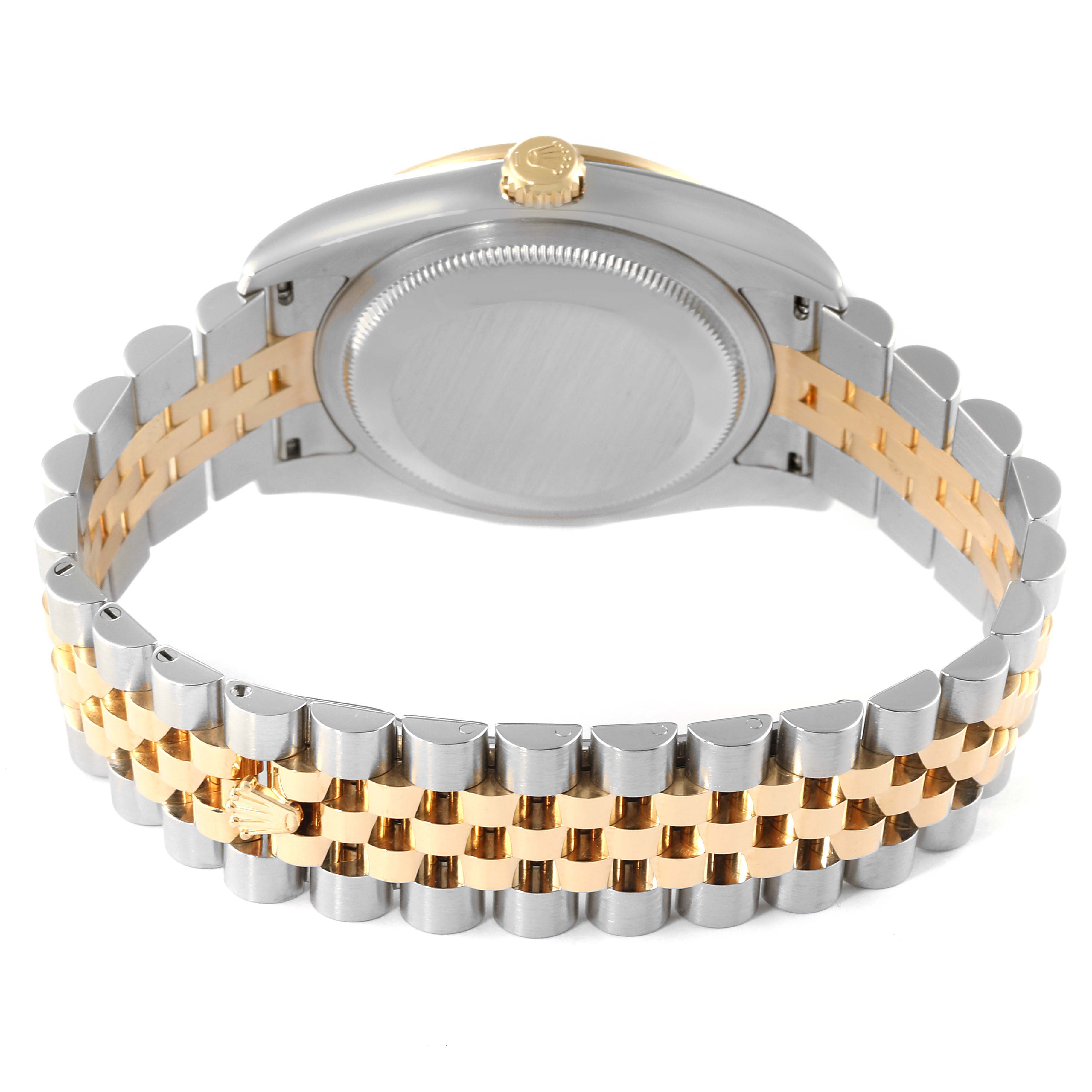 The image shows the back view of a Rolex Datejust 116243 Men's Steel and Gold (two tone) White Dial 116243 Men's Steel and Gold (two tone) White Dial watch, highlighting the case back, crown, and two-tone bracelet.