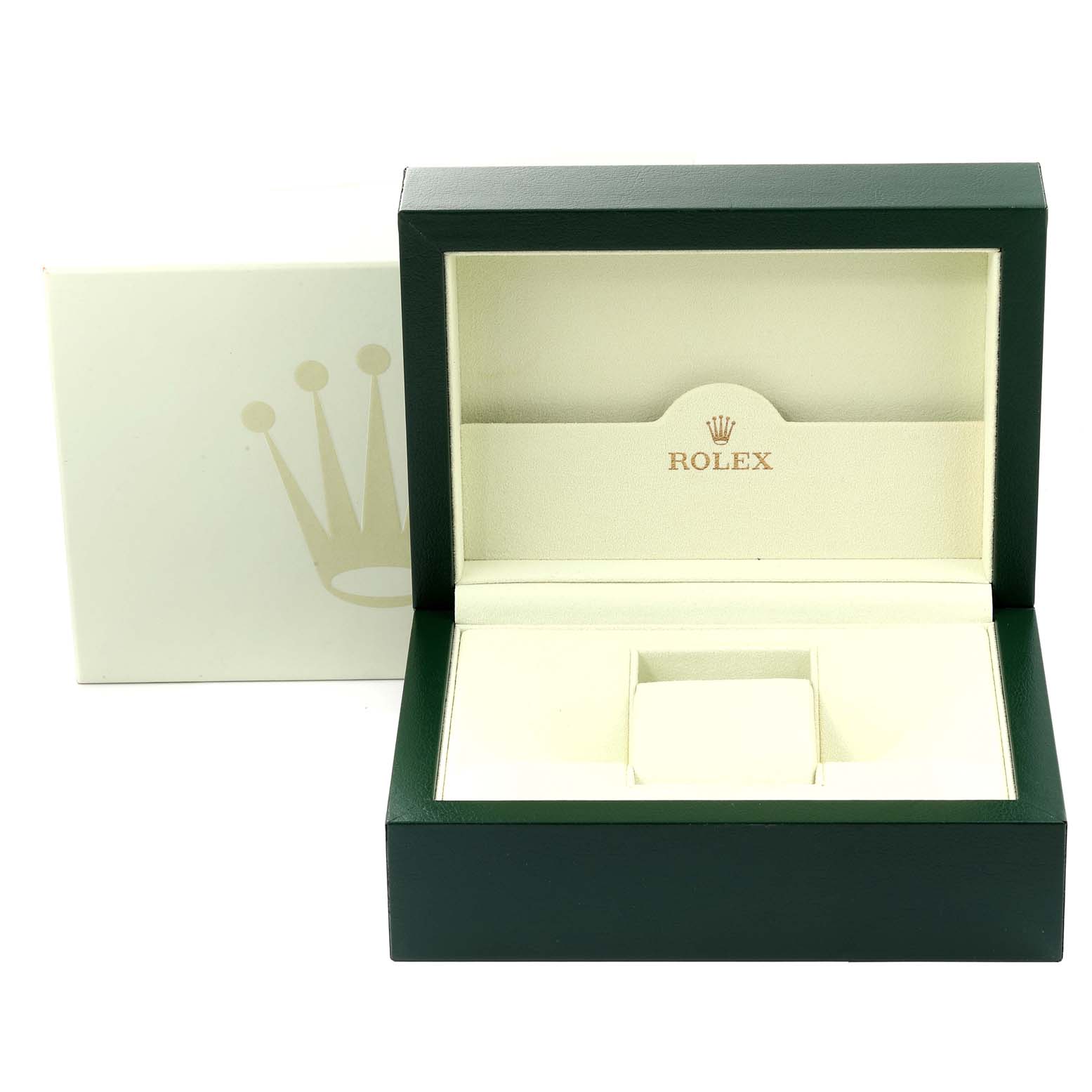 This image shows an open green and beige Rolex Datejust 116243 Men's Steel and Gold (two tone) White Dial 116243 Men's Steel and Gold (two tone) White Dial watch box with the lid and cushion for the watch.