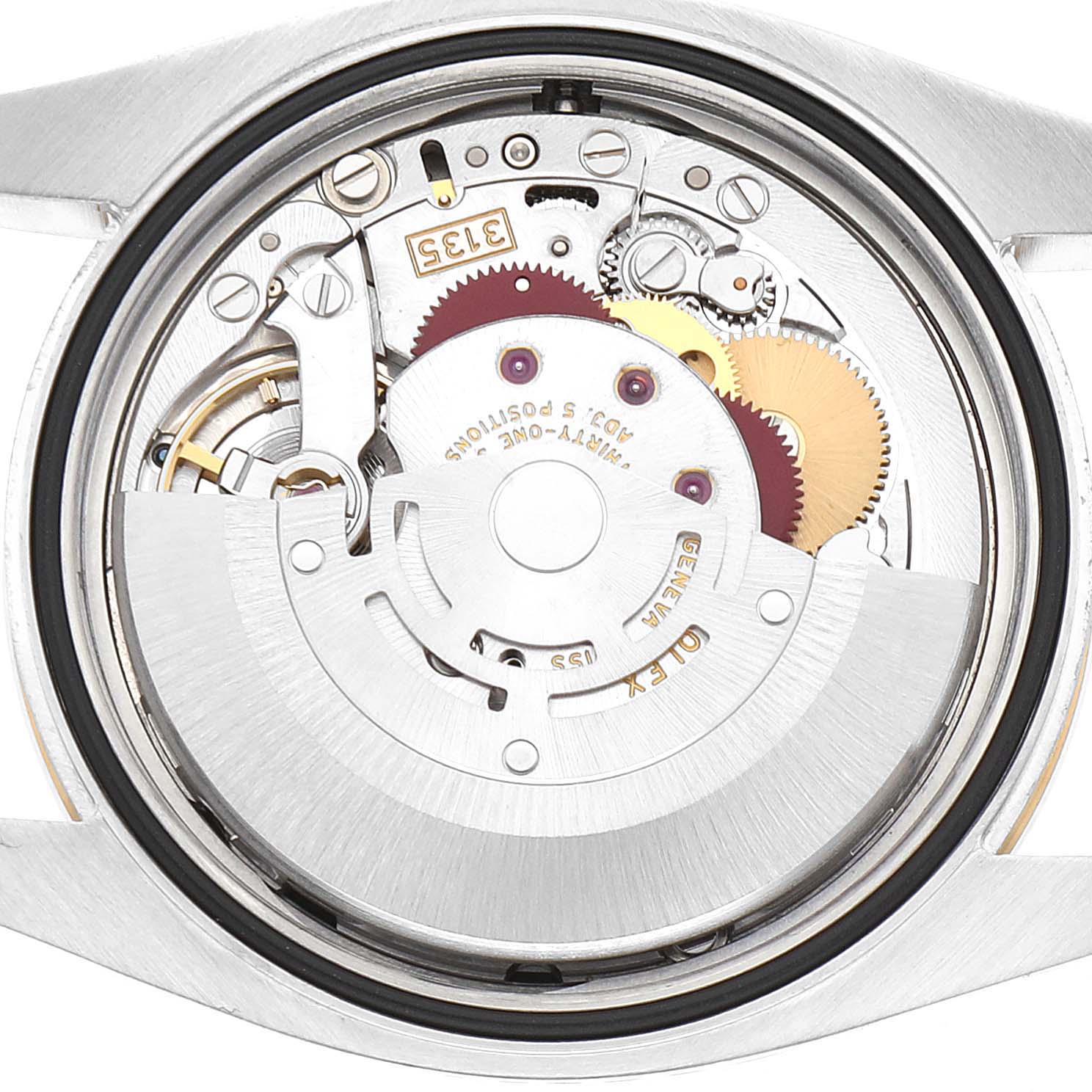 The image shows the internal mechanism, specifically the movement, of a Rolex Datejust 116243 Men's Steel and Gold (two tone) White Dial 116243 Men's Steel and Gold (two tone) White Dial watch from the back angle.