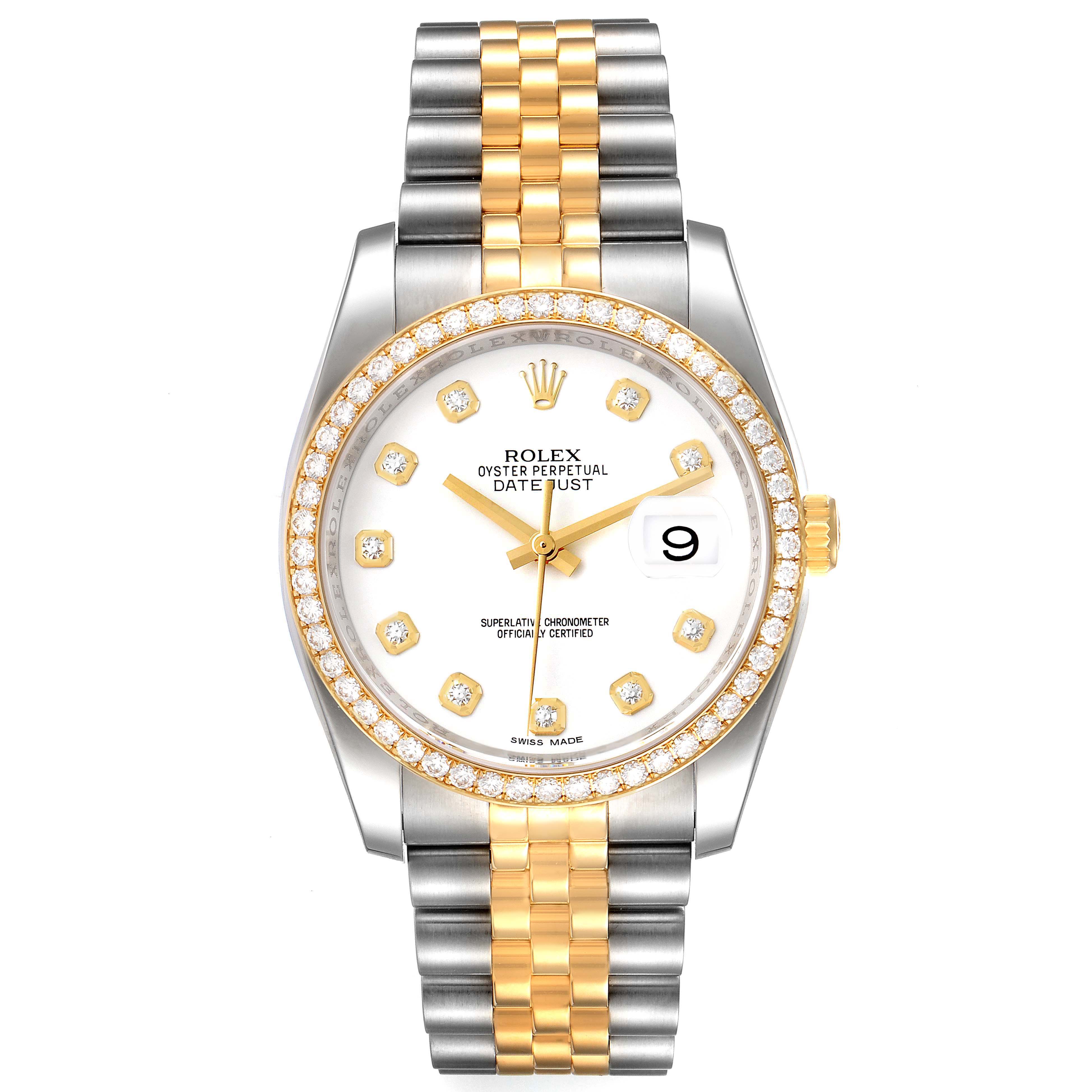 The image shows a front view of a Rolex Datejust 116243 Men's Steel and Gold (two tone) White Dial 116243 Men's Steel and Gold (two tone) White Dial watch, highlighting its dial, bezel, and two-tone bracelet.