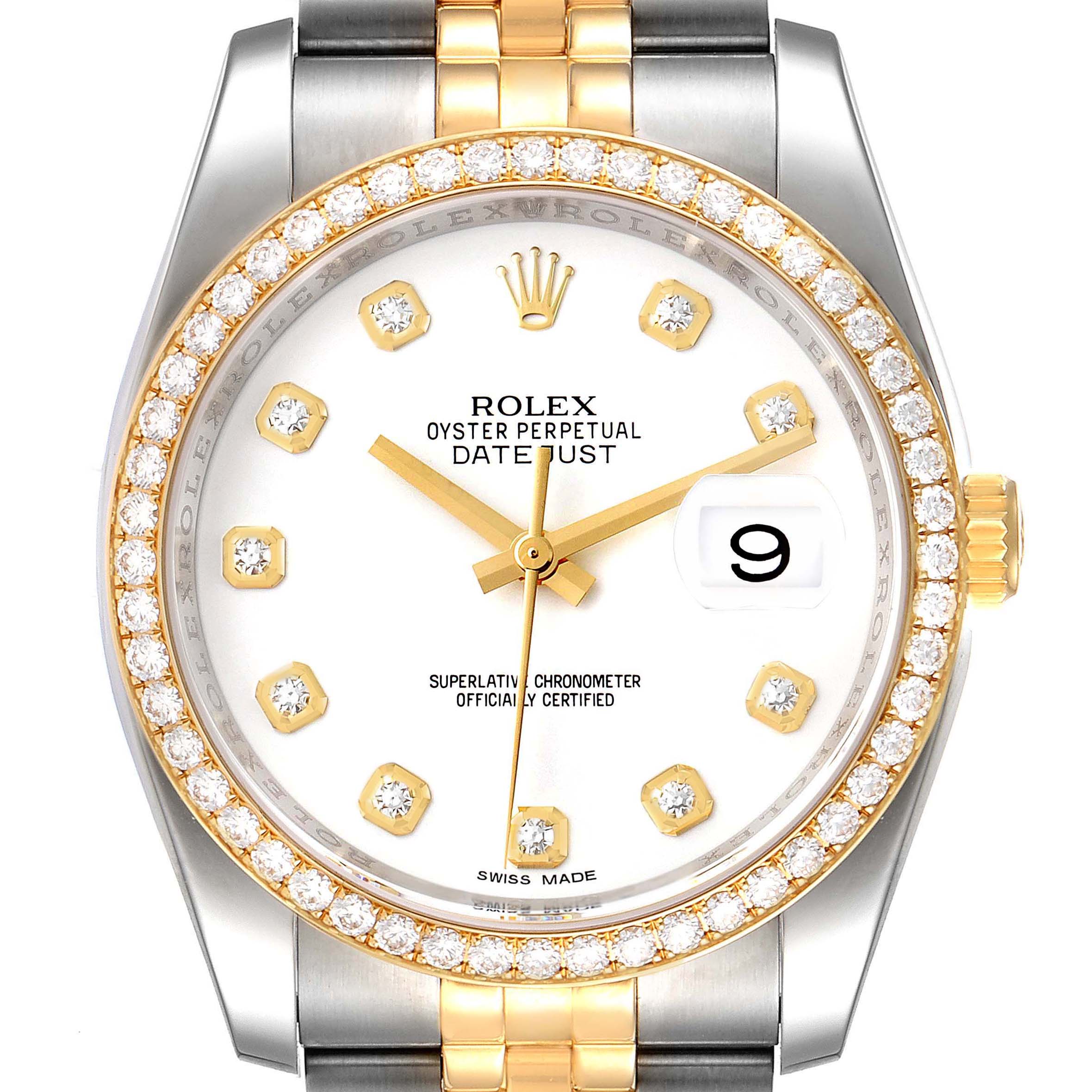 This image shows a face-on view of a Rolex Datejust 116243 Men's Steel and Gold (two tone) White Dial 116243 Men's Steel and Gold (two tone) White Dial watch, highlighting its diamond-studded bezel, markers, and two-tone bracelet.