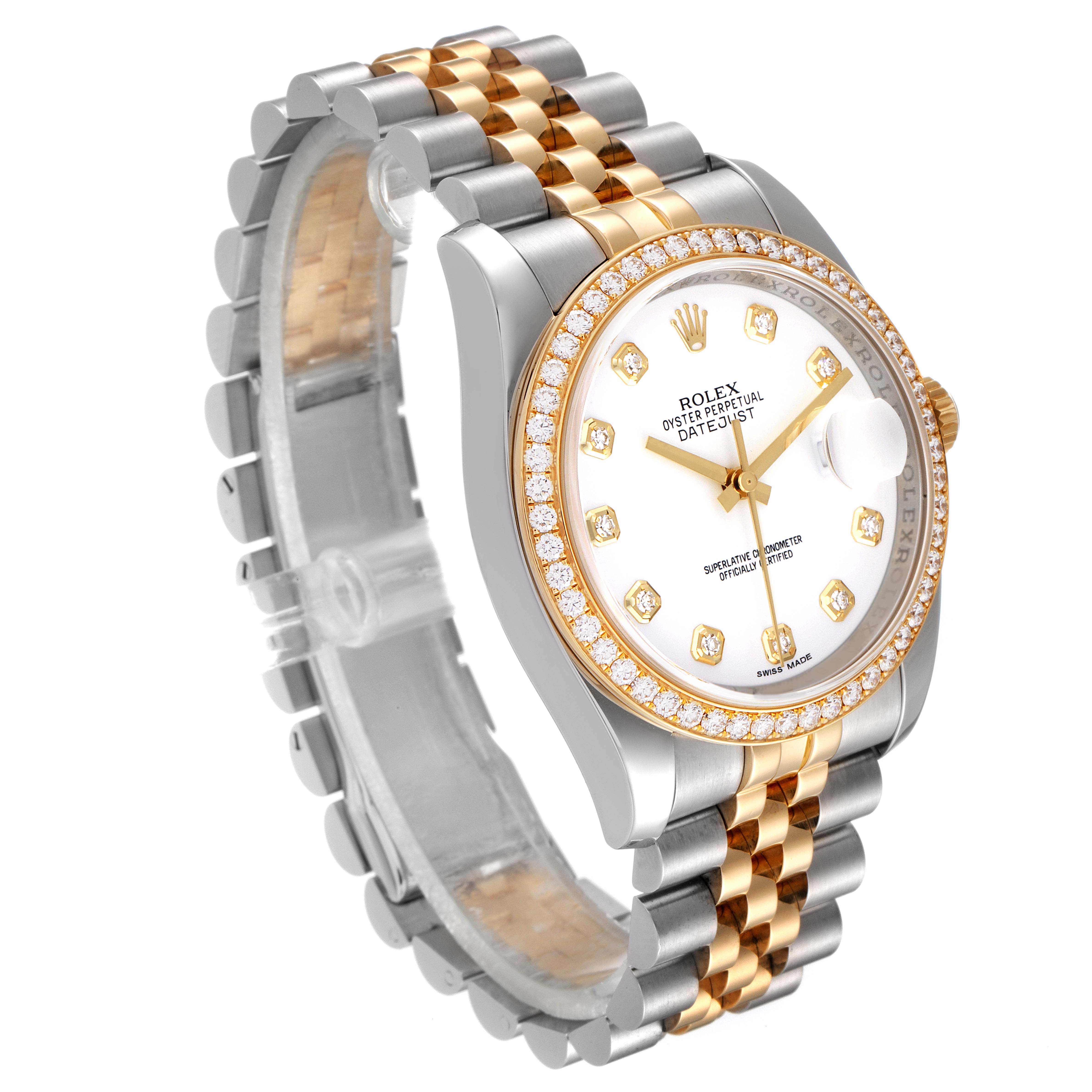 The Rolex Datejust 116243 Men's Steel and Gold (two tone) White Dial 116243 Men's Steel and Gold (two tone) White Dial watch is shown at a three-quarter angle, displaying the bezel, dial, bracelet, and crown.