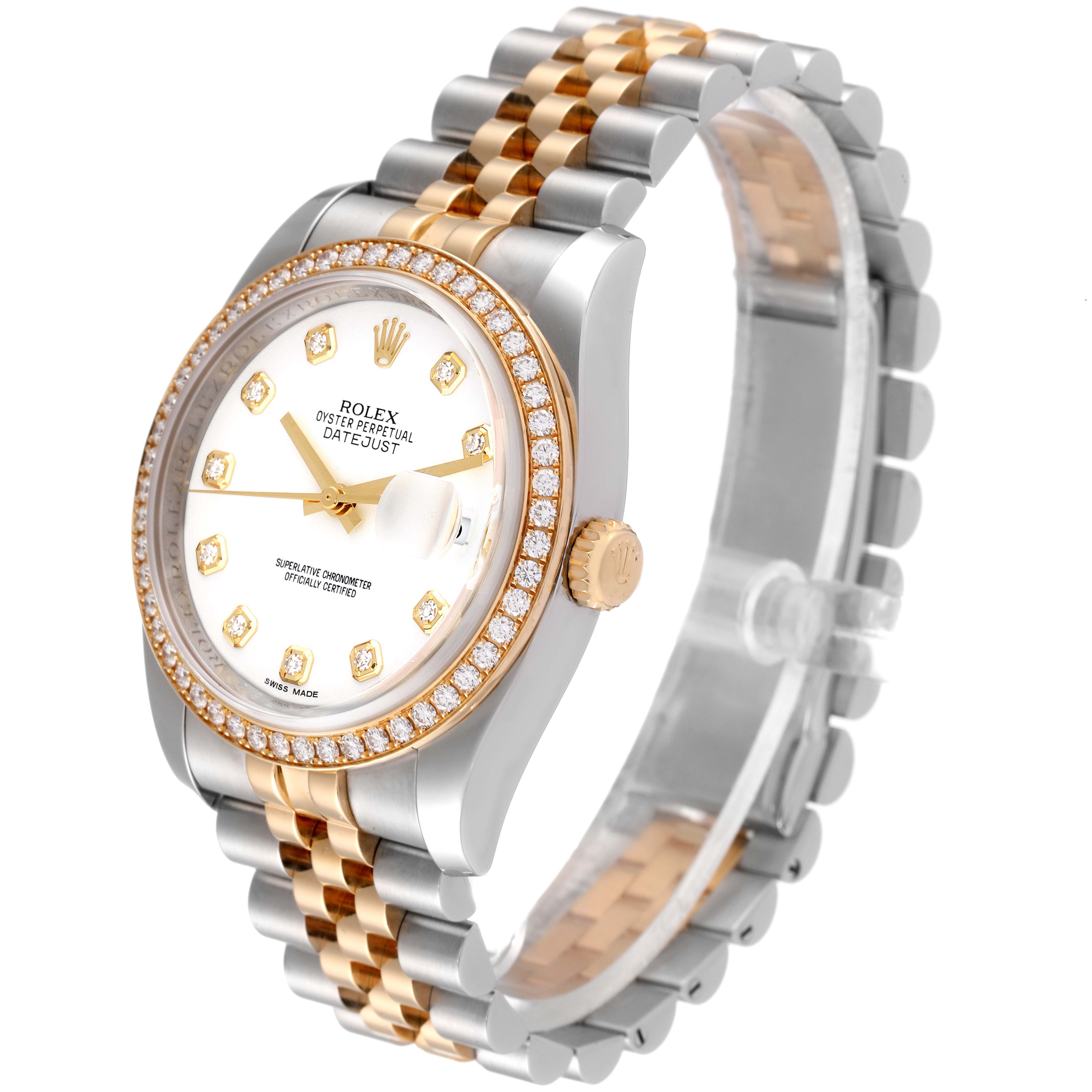 The image shows a Rolex Datejust 116243 Men's Steel and Gold (two tone) White Dial 116243 Men's Steel and Gold (two tone) White Dial watch, angled to highlight the face, bezel, crown, and bracelet.