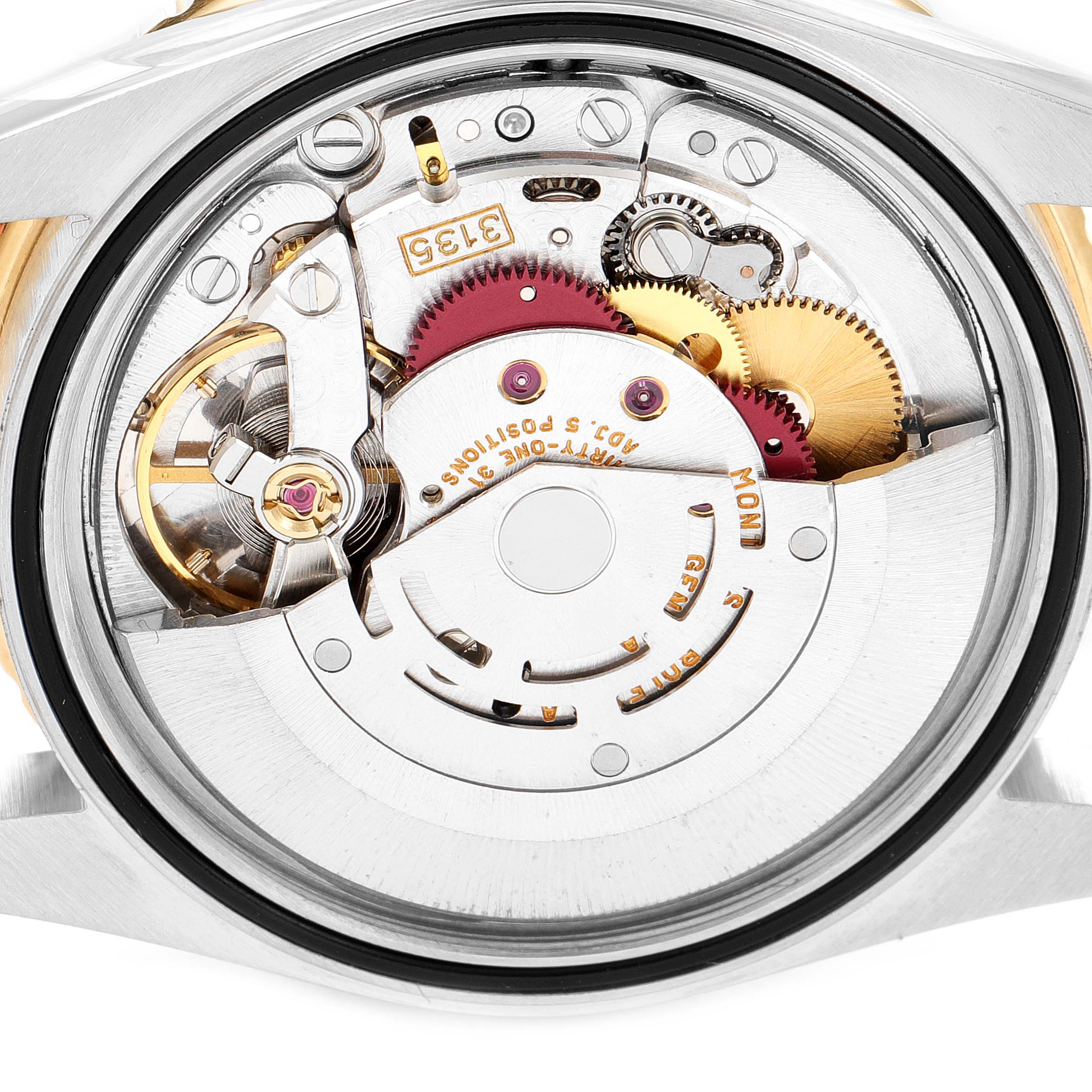 This image shows the internal mechanism of a Rolex Turn-o-Graph 16263 Men
s Steel and Gold (two tone) Champagne Dial 16263 Men
s Steel and Gold (two tone) Champagne Dial watch from a top-down angle.