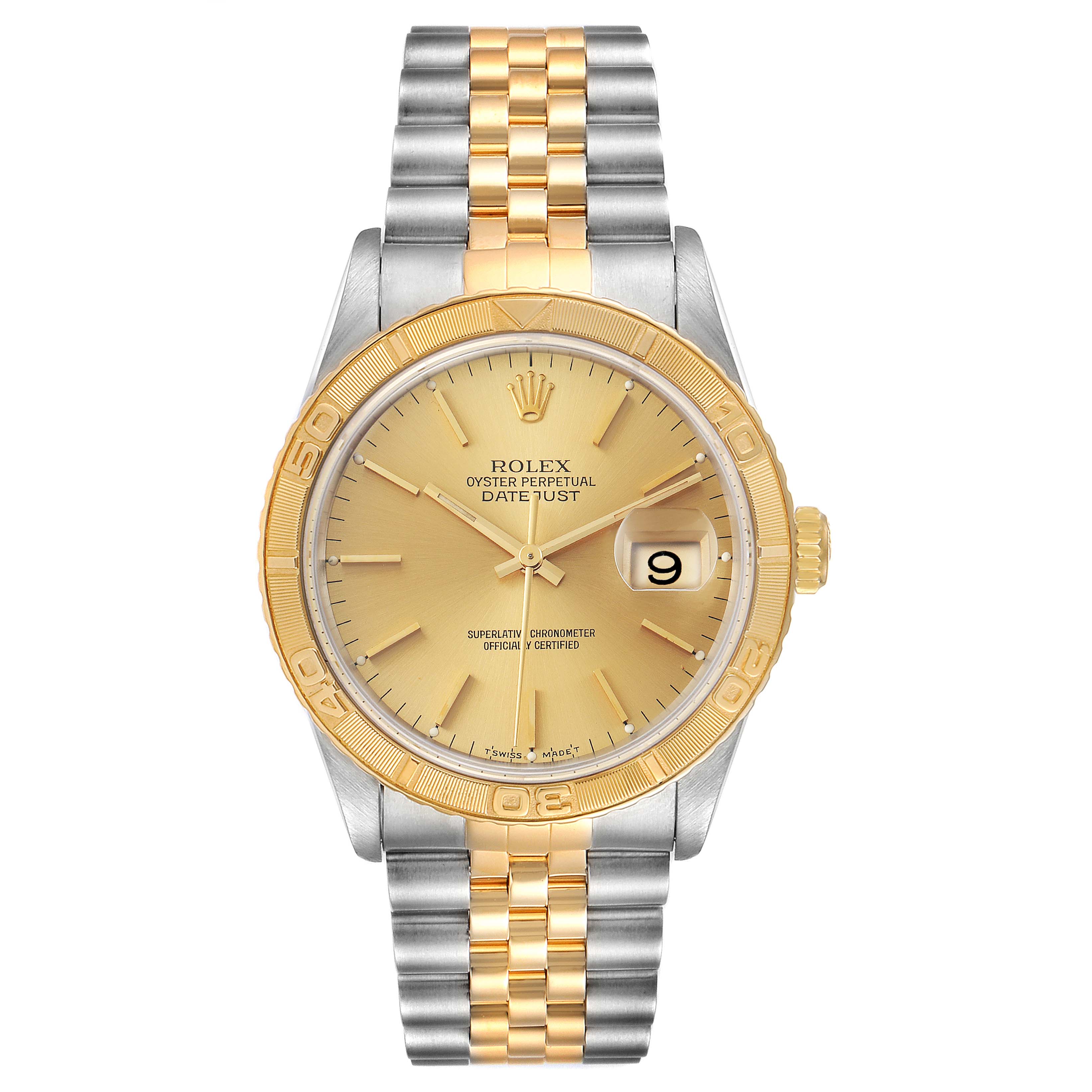 The Rolex Turn-o-Graph 16263 Men
s Steel and Gold (two tone) Champagne Dial 16263 Men
s Steel and Gold (two tone) Champagne Dial watch is shown from the front with its gold-and-silver bracelet and gold bezel visible.