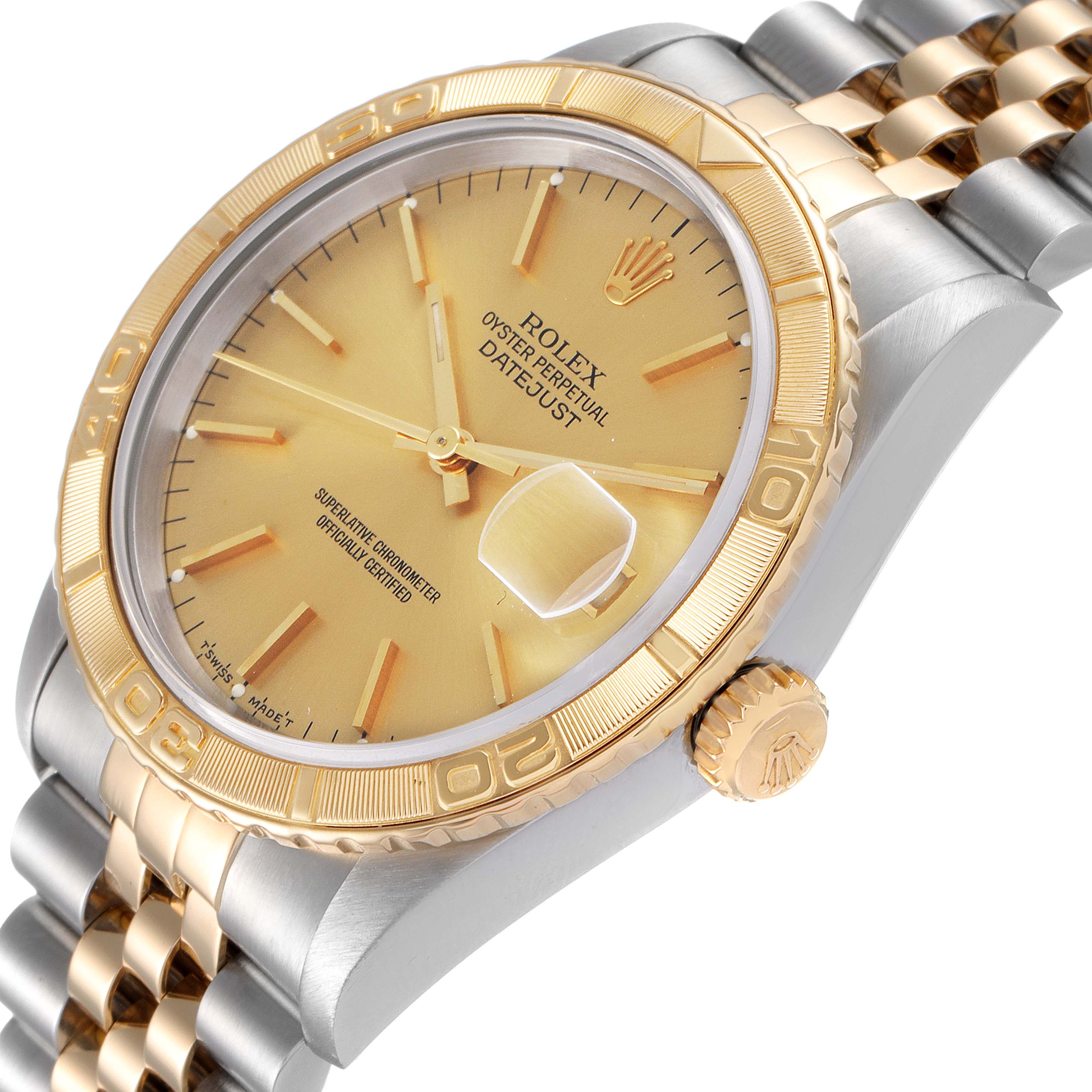 The image shows a side angle of the Rolex Turn-o-Graph 16263 Men
s Steel and Gold (two tone) Champagne Dial 16263 Men
s Steel and Gold (two tone) Champagne Dial watch displaying its face, bezel, crown, and part of the bracelet.