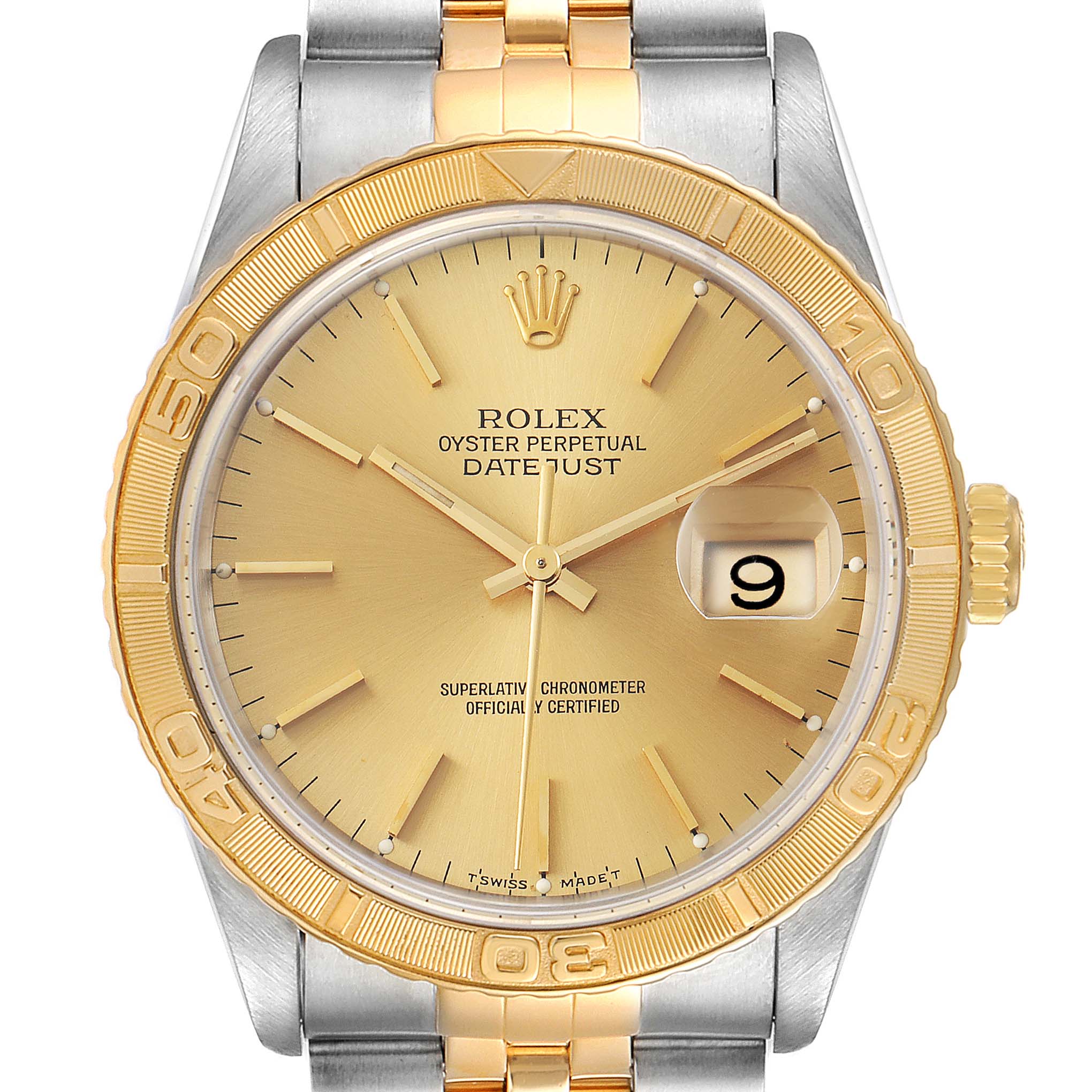 The image shows a front view of the Rolex Turn-o-Graph 16263 Men
s Steel and Gold (two tone) Champagne Dial 16263 Men
s Steel and Gold (two tone) Champagne Dial watch, featuring its gold bezel, dial, date display, and two-tone bracelet.