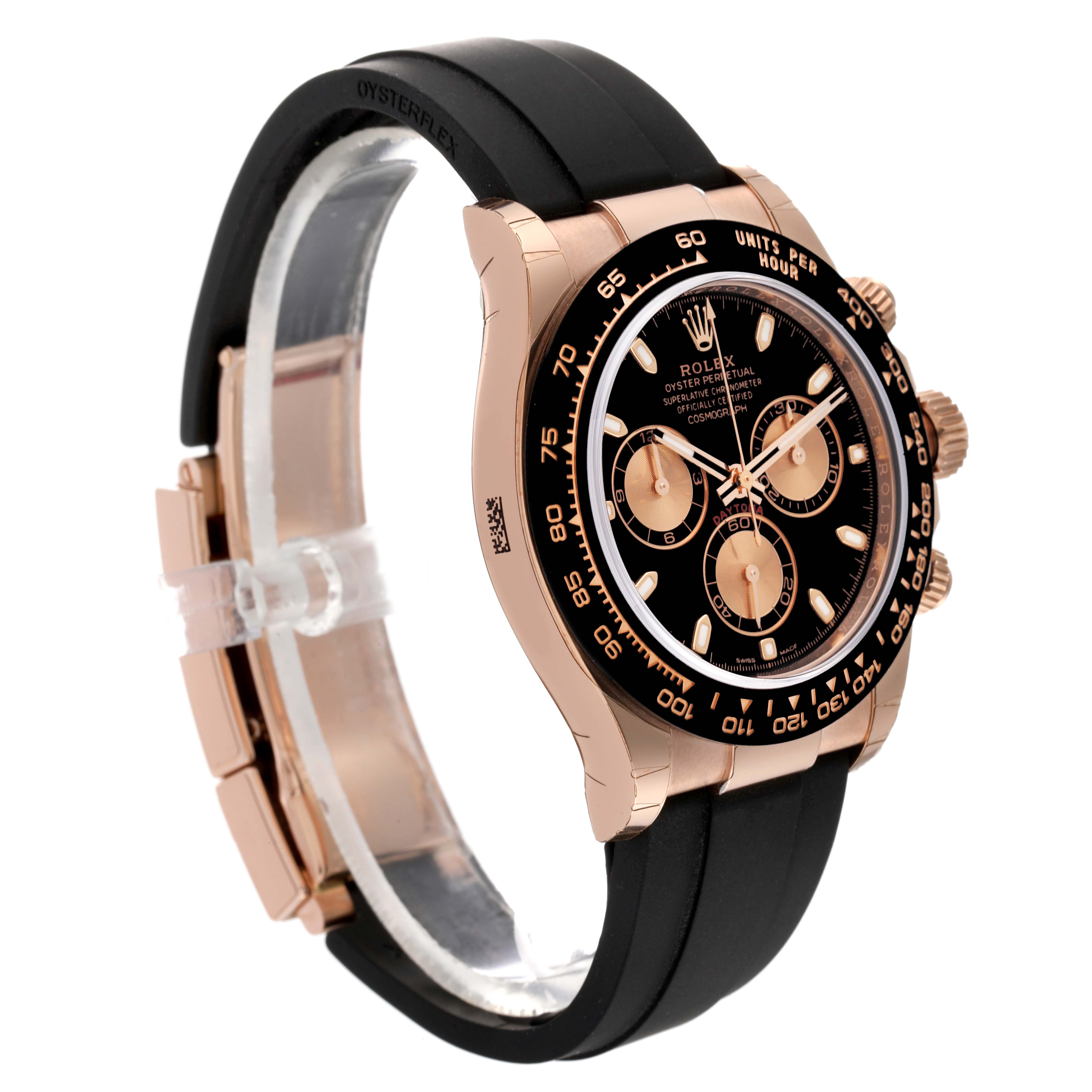 The image shows a side angle of the Rolex Daytona 116515 Men's Rose Gold Black Dial 116515 Men's Rose Gold Black Dial watch, highlighting the black dial, three subdials, and black Oysterflex strap.