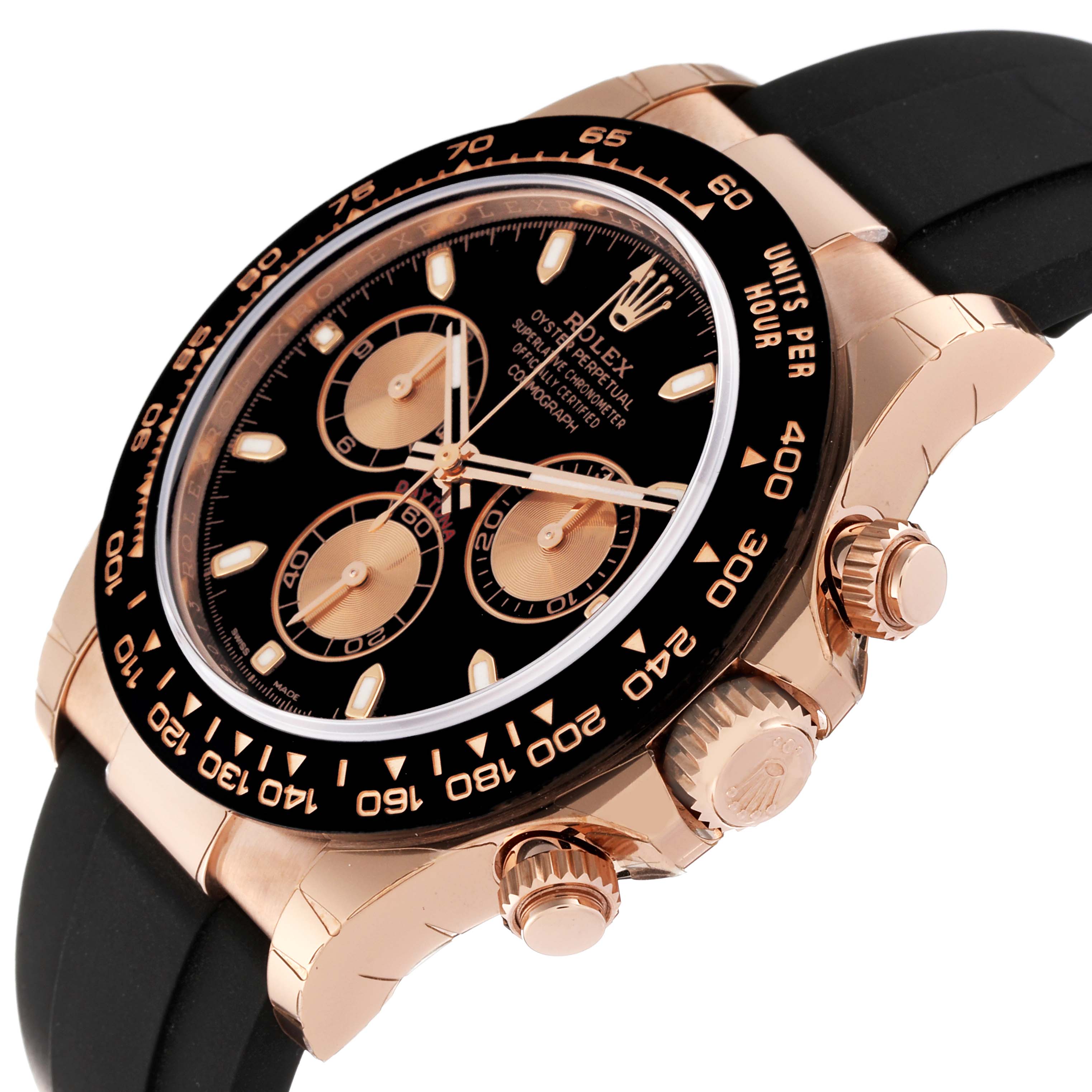 This image shows a side angle of the Rolex Daytona 116515 Men's Rose Gold Black Dial 116515 Men's Rose Gold Black Dial watch, highlighting the crown, pushers, and part of the bezel and dial.
