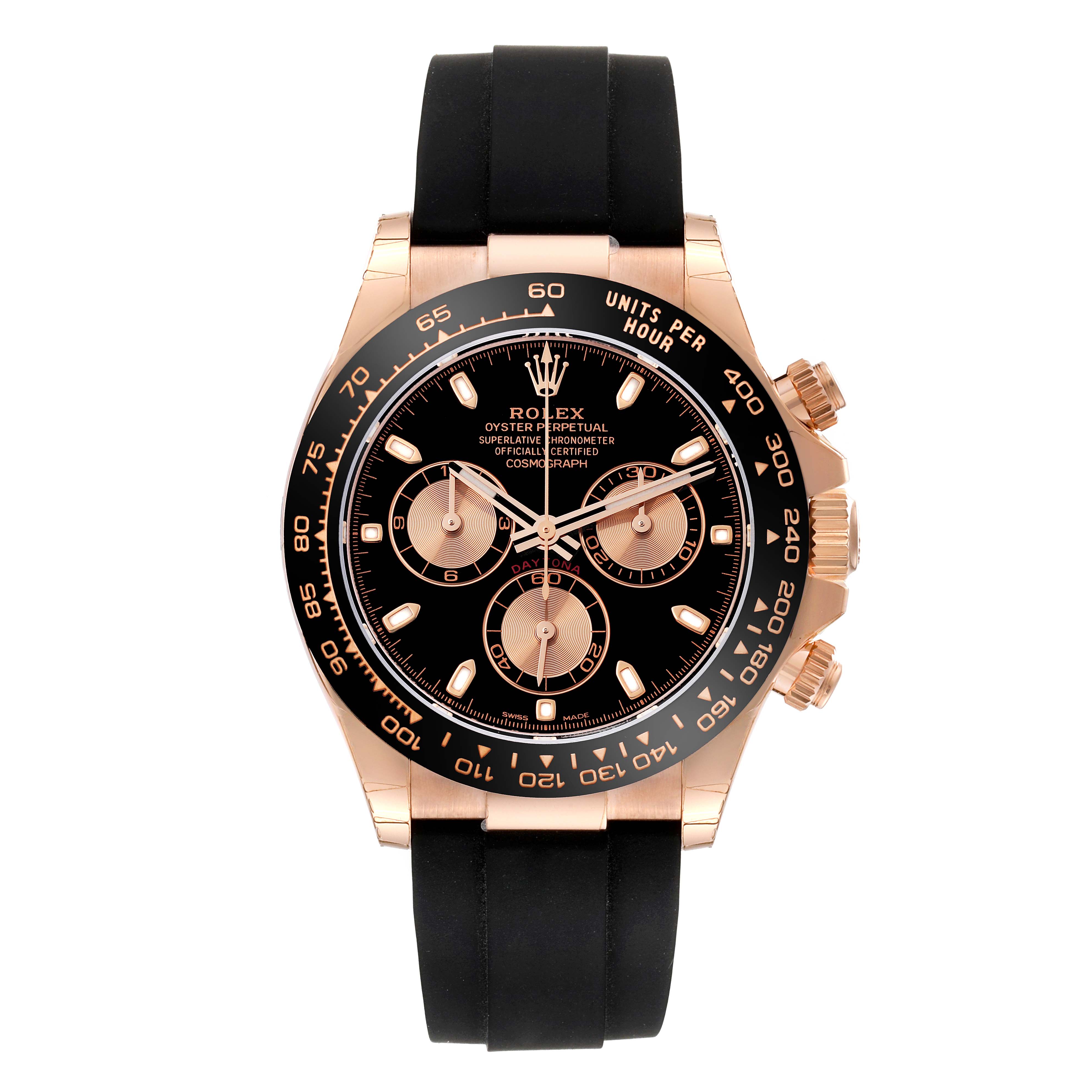 The Rolex Daytona 116515 Men's Rose Gold Black Dial 116515 Men's Rose Gold Black Dial watch is shown from the front, highlighting its black dial, three subdials, and rubber strap.