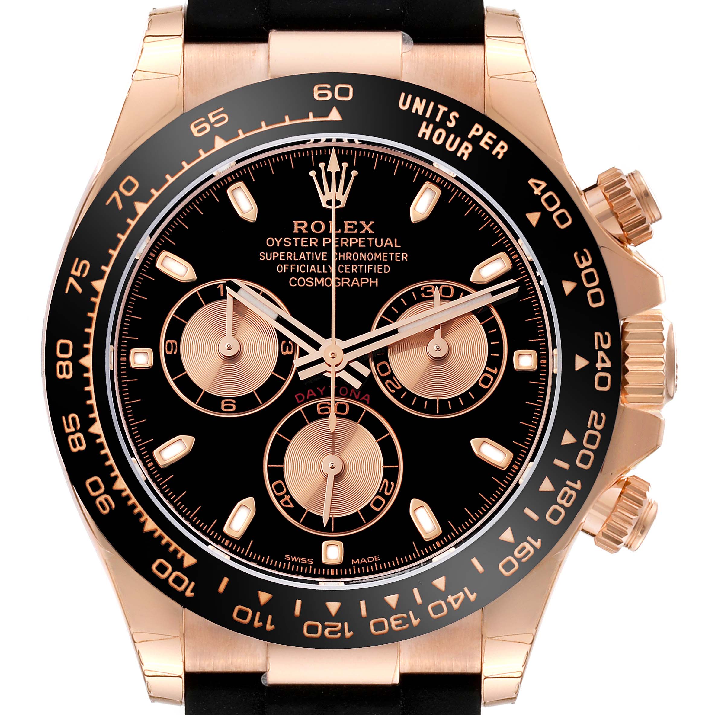 The image shows a front view of the Rolex Daytona 116515 Men's Rose Gold Black Dial 116515 Men's Rose Gold Black Dial watch, highlighting its dial, bezel, and crown.