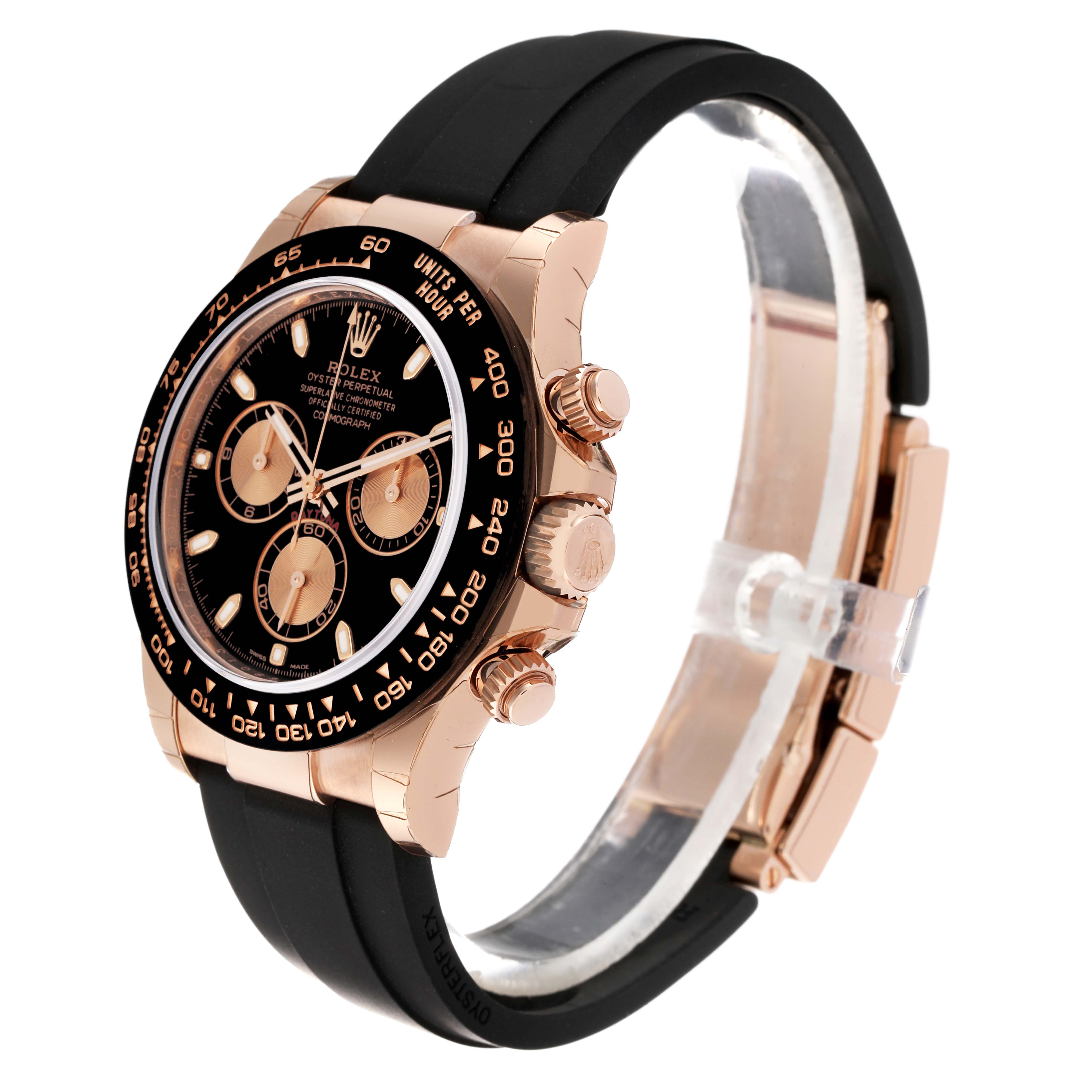 The Rolex Daytona 116515 Men's Rose Gold Black Dial 116515 Men's Rose Gold Black Dial watch is shown from a three-quarter angle, highlighting the face, bezel, pushers, and strap.