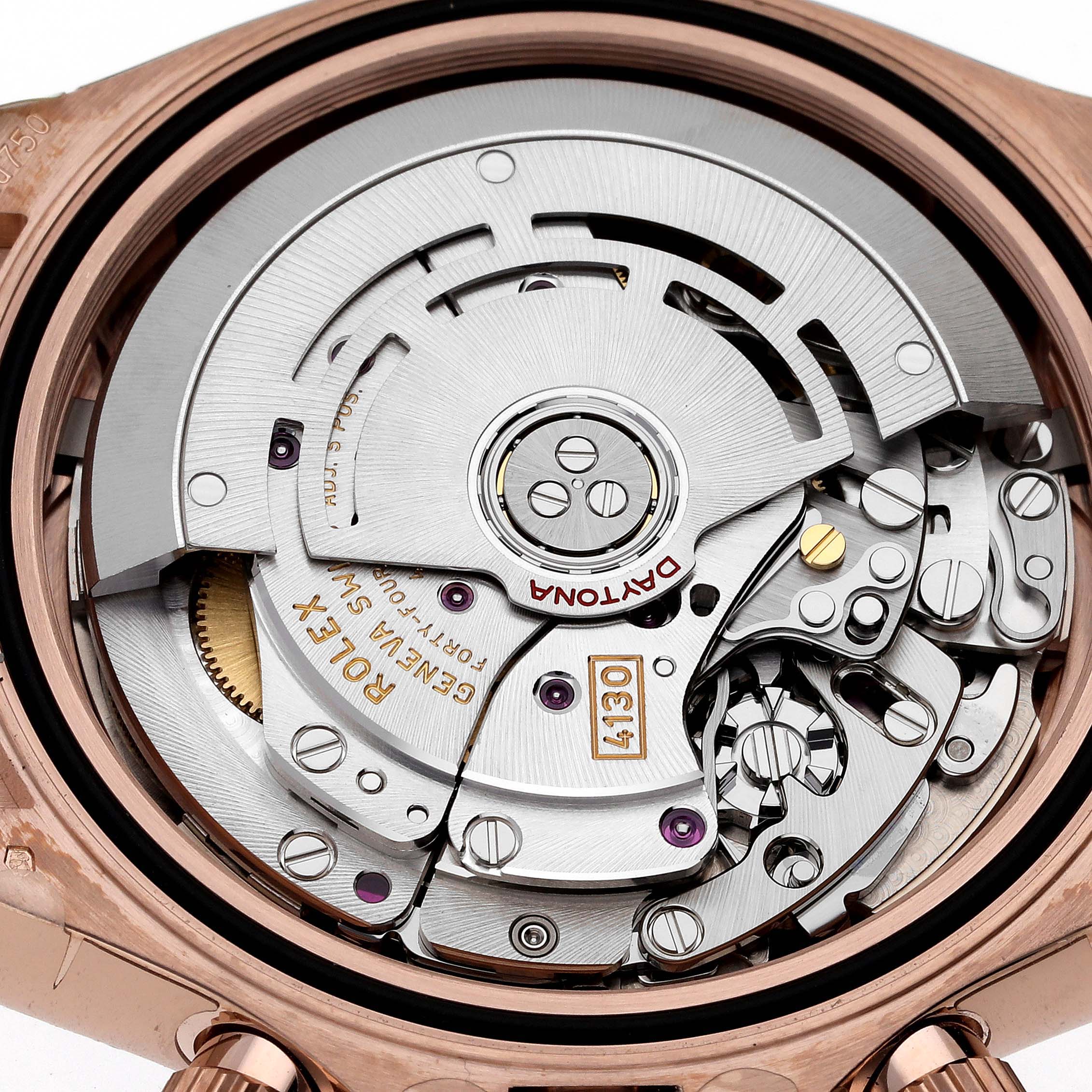 This image shows the intricate internal mechanism of a Rolex Daytona 116515 Men's Rose Gold Black Dial 116515 Men's Rose Gold Black Dial watch, viewed from the back.
