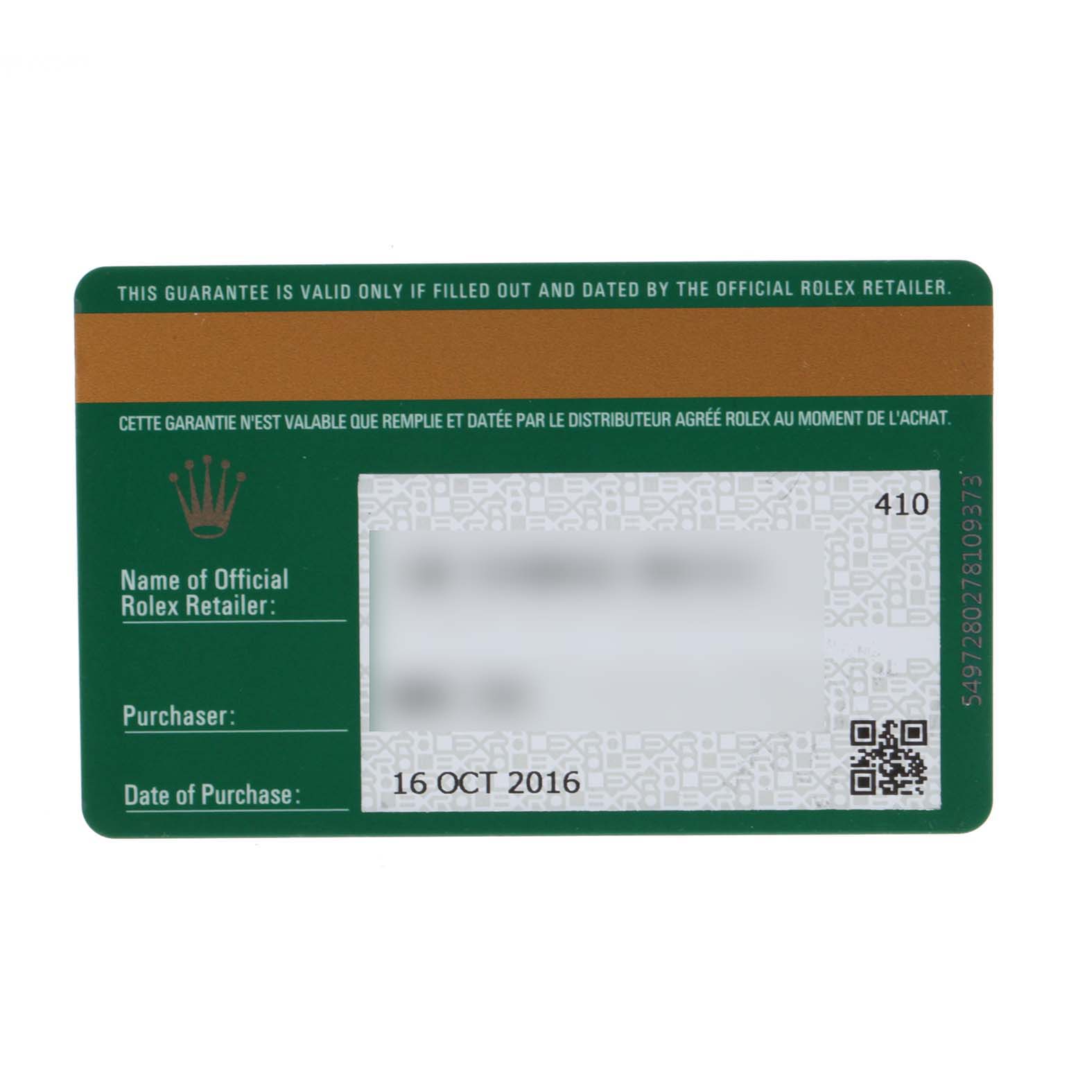 The image shows a warranty card for a Rolex Daytona 116508 Men's Yellow Gold Green Dial 116508 Men's Yellow Gold Green Dial watch, displaying the retailer, purchaser, and date of purchase.