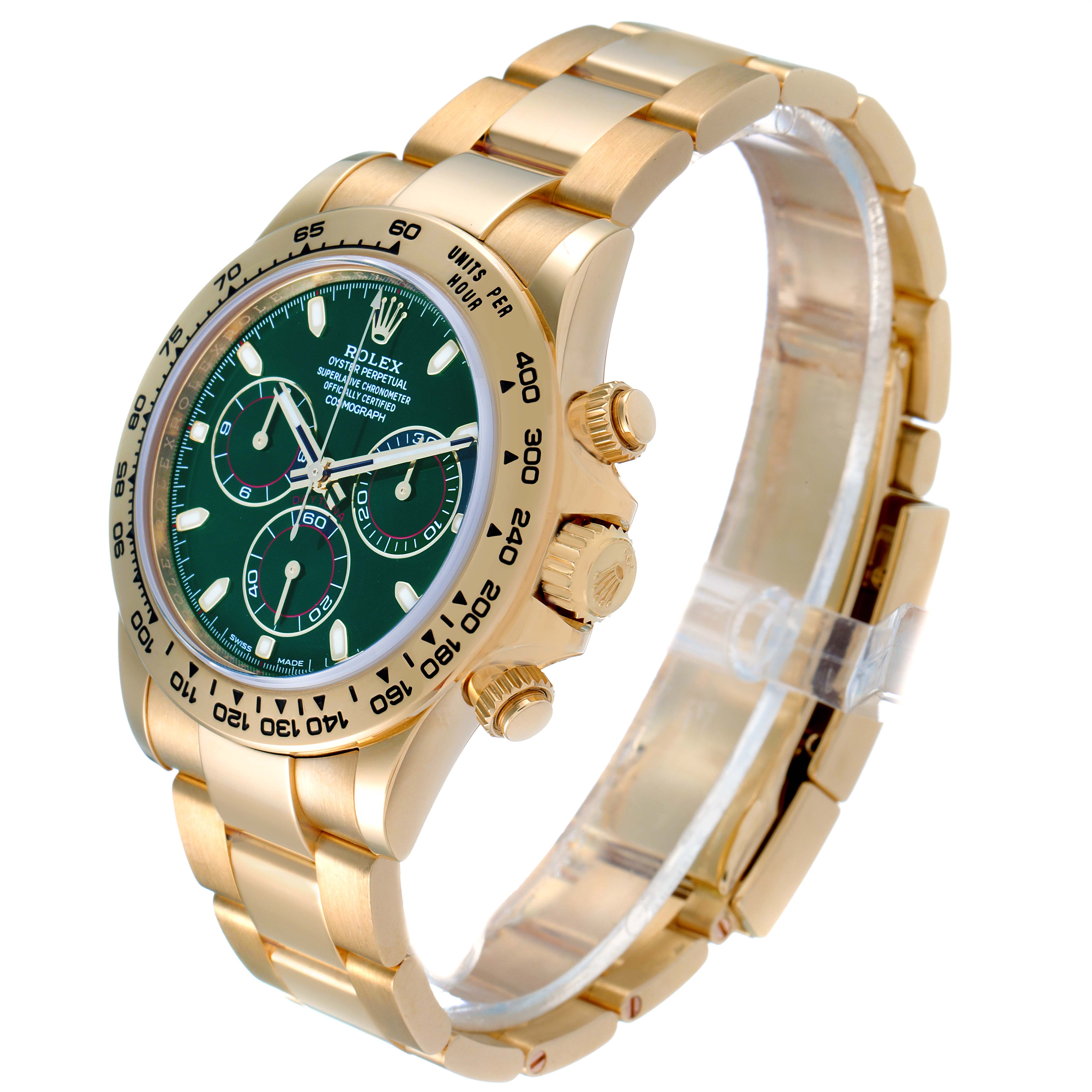 The image shows a Rolex Daytona 116508 Men's Yellow Gold Green Dial 116508 Men's Yellow Gold Green Dial watch at a three-quarter angle, highlighting its gold bracelet, green dial, and chronograph pushers.