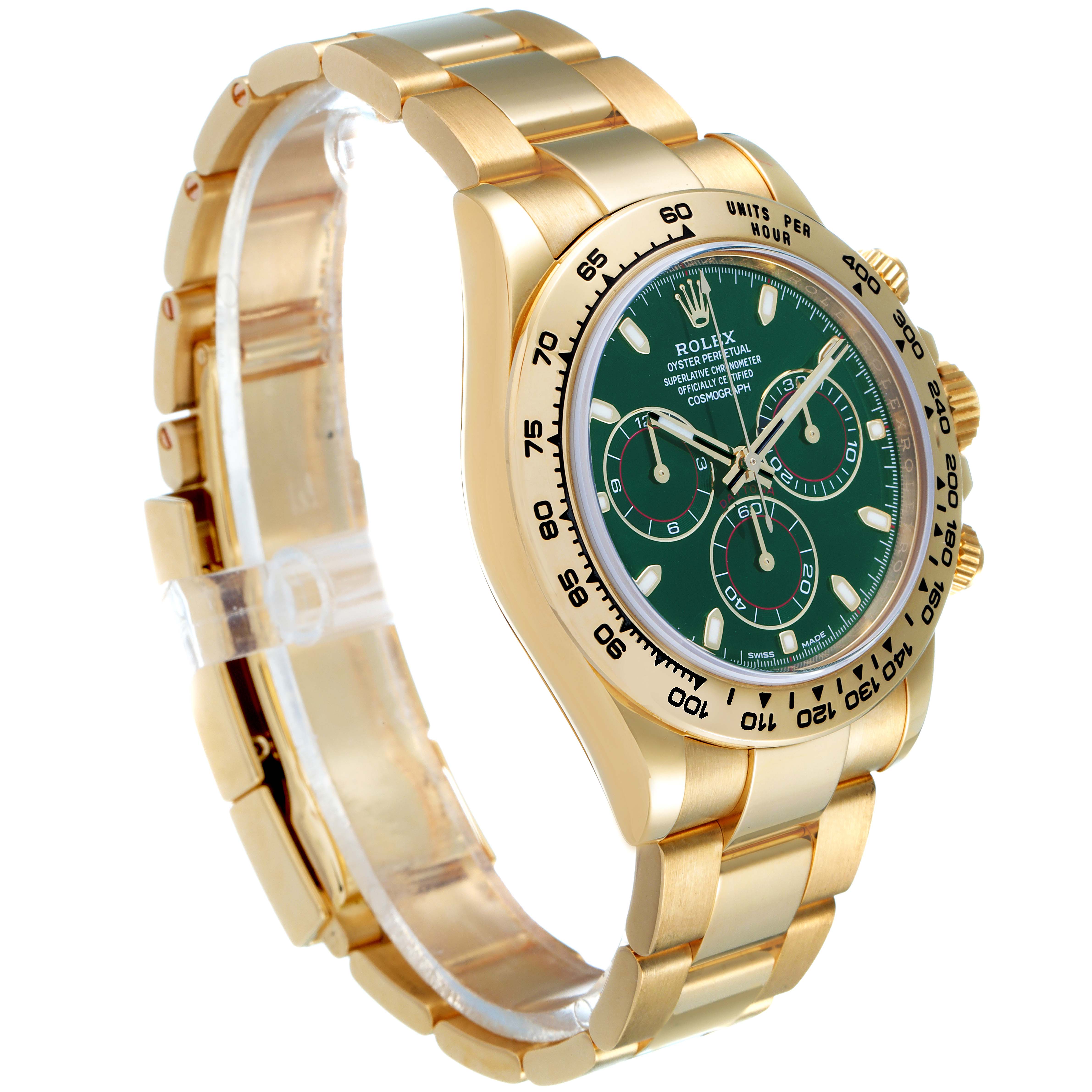 The image shows a Rolex Daytona 116508 Men's Yellow Gold Green Dial 116508 Men's Yellow Gold Green Dial watch angled to display the green dial, bezel, crown, and part of the gold bracelet.