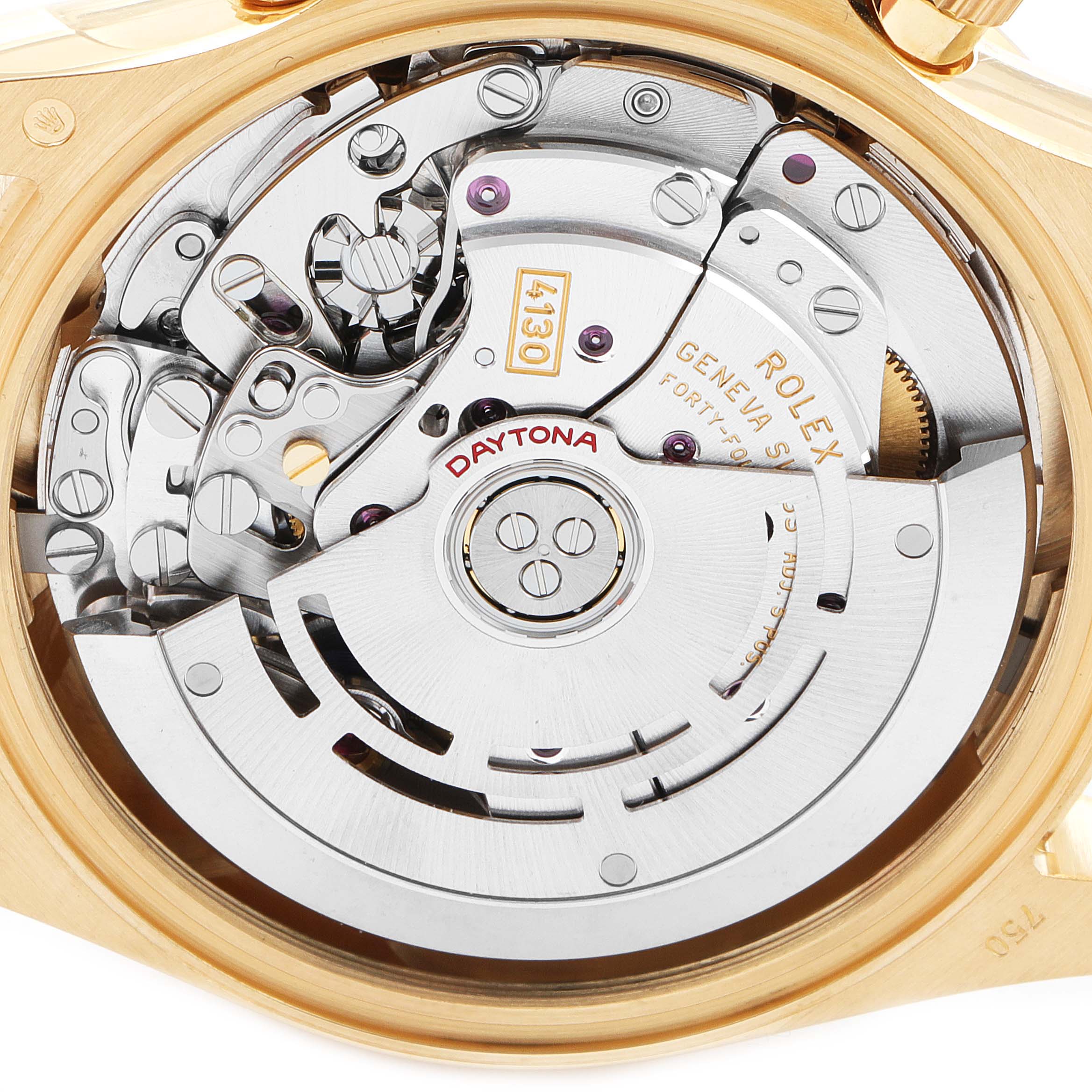 This image shows the internal movement of the Rolex Daytona 116508 Men's Yellow Gold Green Dial 116508 Men's Yellow Gold Green Dial watch, highlighting gears, mechanisms, and the rotor.