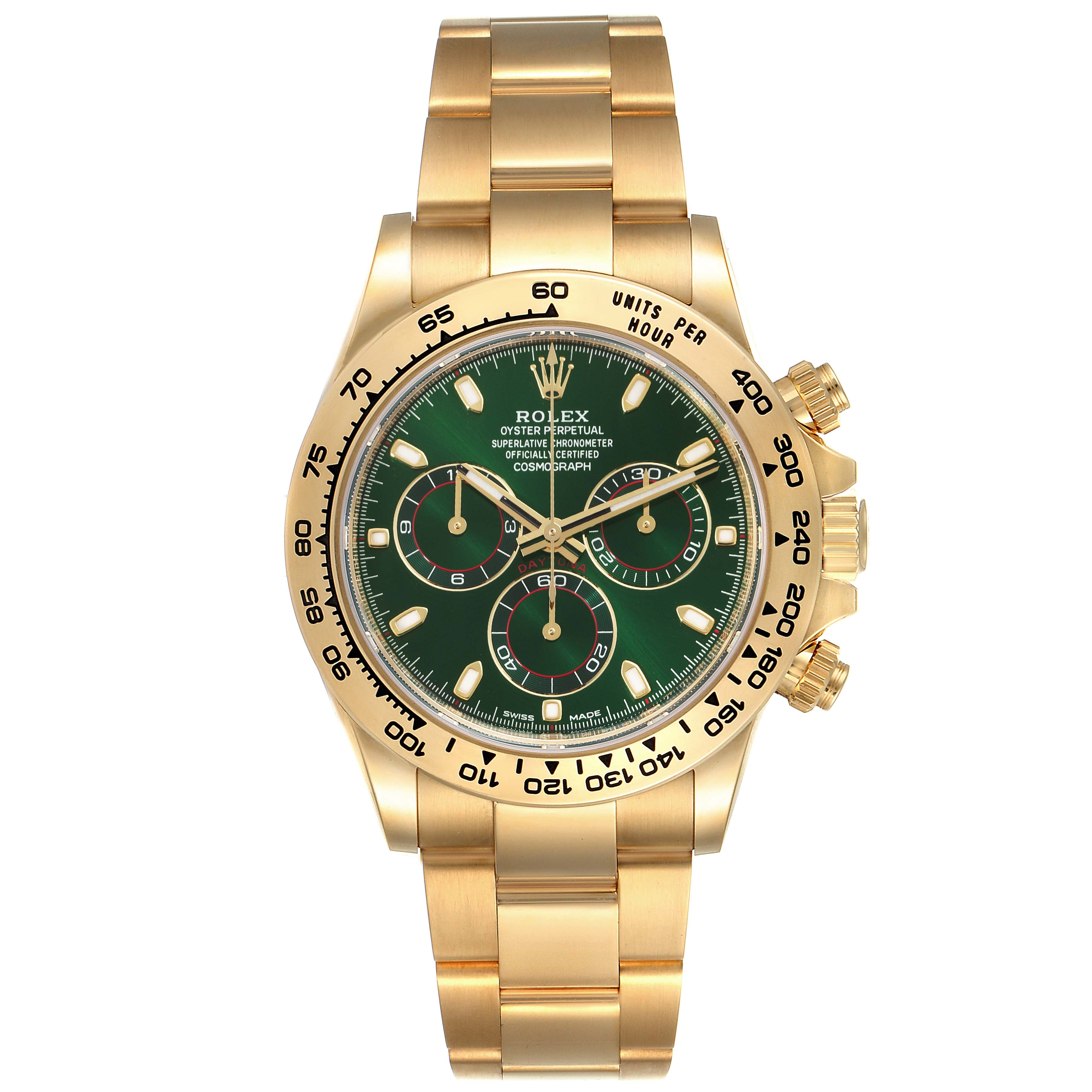 The image shows a front view of a Rolex Daytona 116508 Men's Yellow Gold Green Dial 116508 Men's Yellow Gold Green Dial watch, featuring a gold bracelet and green dial with three sub-dials.