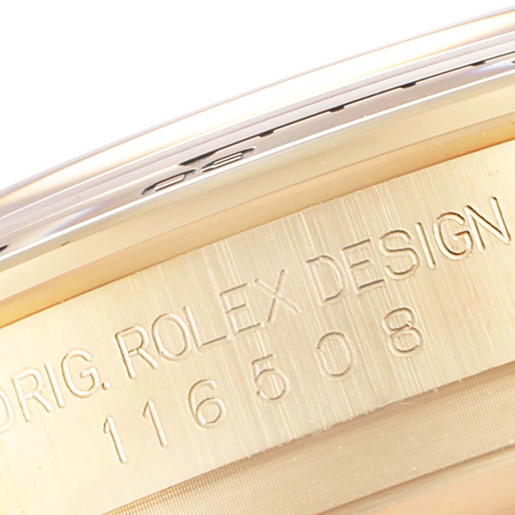 The image shows a close-up of the side of a Rolex Daytona 116508 Men's Yellow Gold Green Dial 116508 Men's Yellow Gold Green Dial watch, highlighting the engraved model number and "ROLEX DESIGN" text.