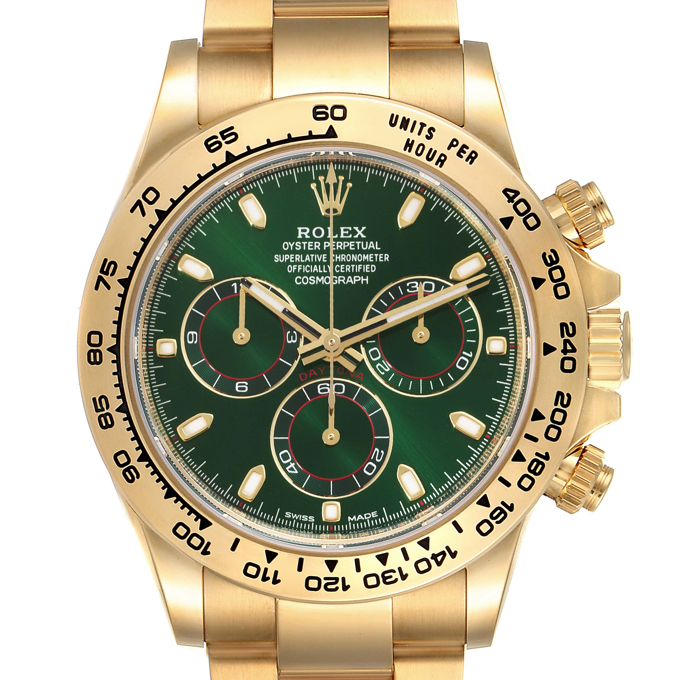 The Rolex Daytona 116508 Men's Yellow Gold Green Dial 116508 Men's Yellow Gold Green Dial watch is shown from a frontal angle, displaying the green dial, chronograph subdials, and yellow gold case and bezel.