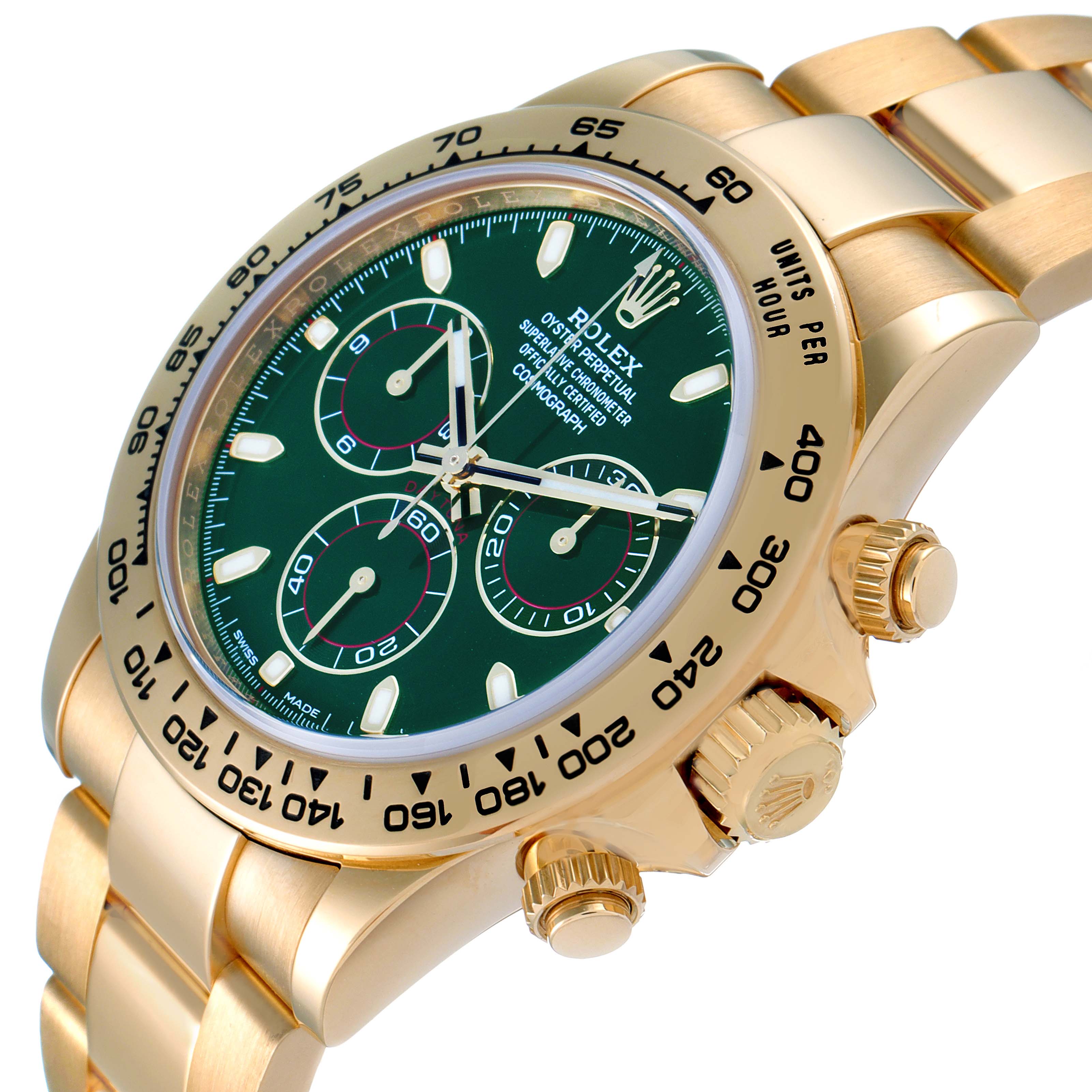 The image shows a side view of the Rolex Daytona 116508 Men's Yellow Gold Green Dial 116508 Men's Yellow Gold Green Dial watch, highlighting the gold case, green dial, and gold bracelet.
