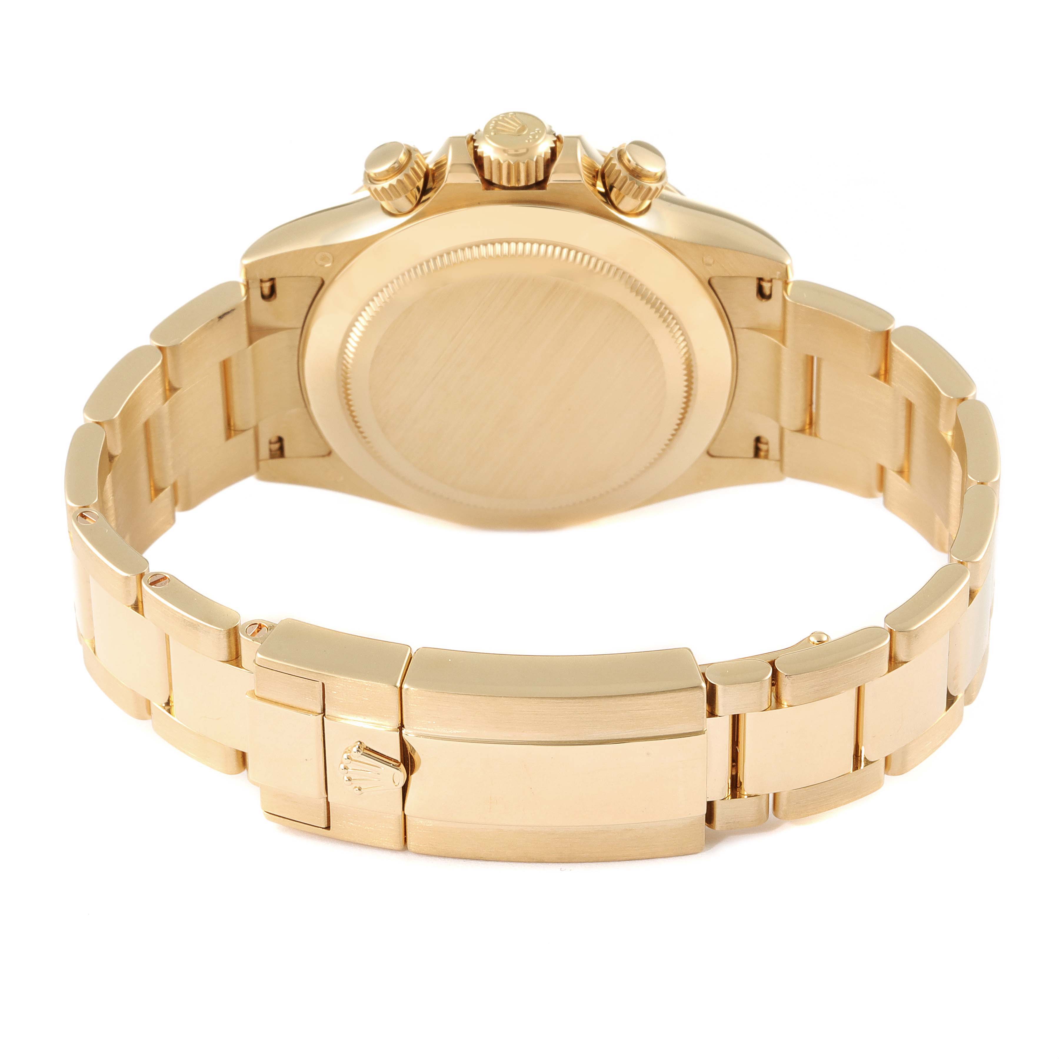 This image shows the underside and the bracelet clasp of a Rolex Daytona 116508 Men's Yellow Gold Green Dial 116508 Men's Yellow Gold Green Dial watch, highlighting its golden finish.