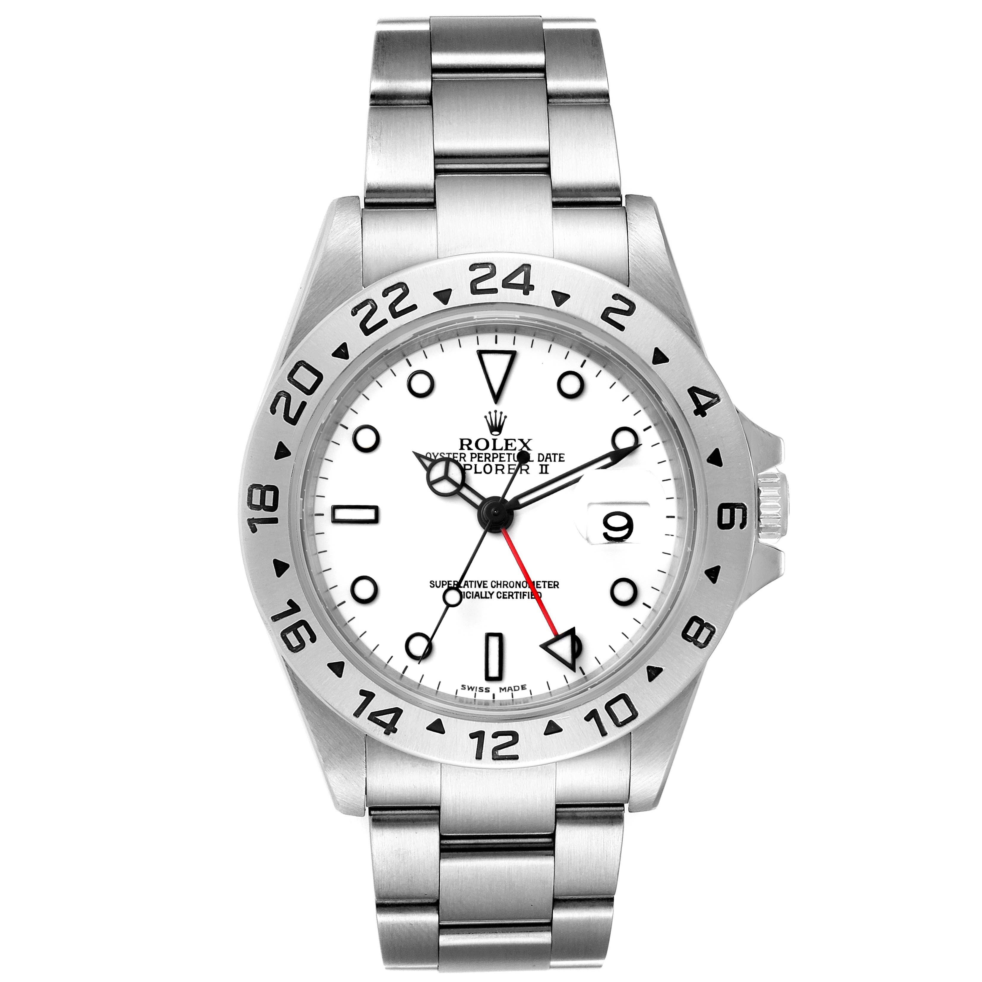 The image shows a front view of the Rolex Explorer 16570 Men's Stainless Steel White Dial 16570 Men's Stainless Steel White Dial watch, highlighting the dial, bezel, and bracelet.