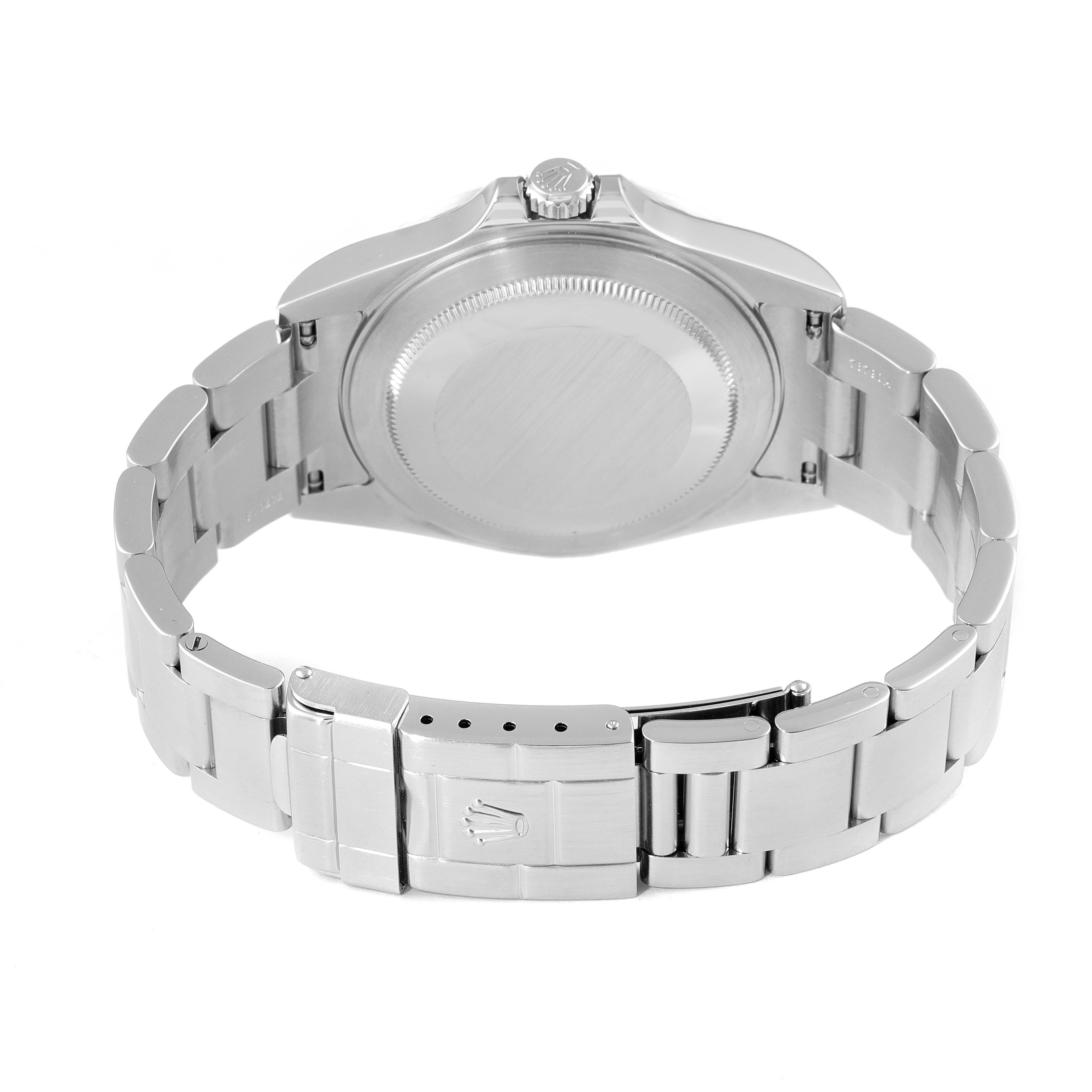 This image shows the back case and bracelet clasp of a Rolex Explorer 16570 Men's Stainless Steel White Dial 16570 Men's Stainless Steel White Dial watch.