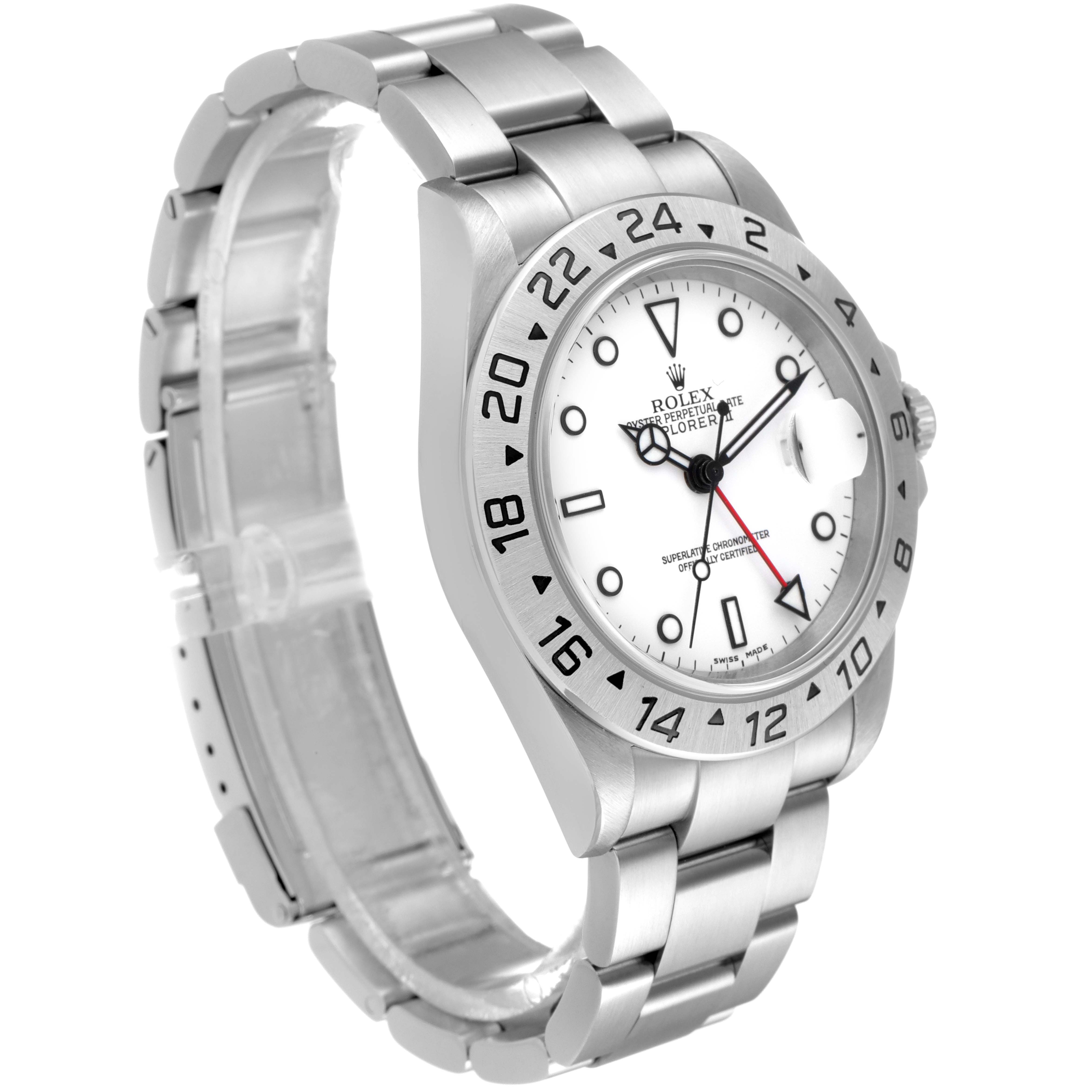 This image shows the Rolex Explorer 16570 Men's Stainless Steel White Dial 16570 Men's Stainless Steel White Dial watch at a three-quarter angle, highlighting the face, bezel, and bracelet.