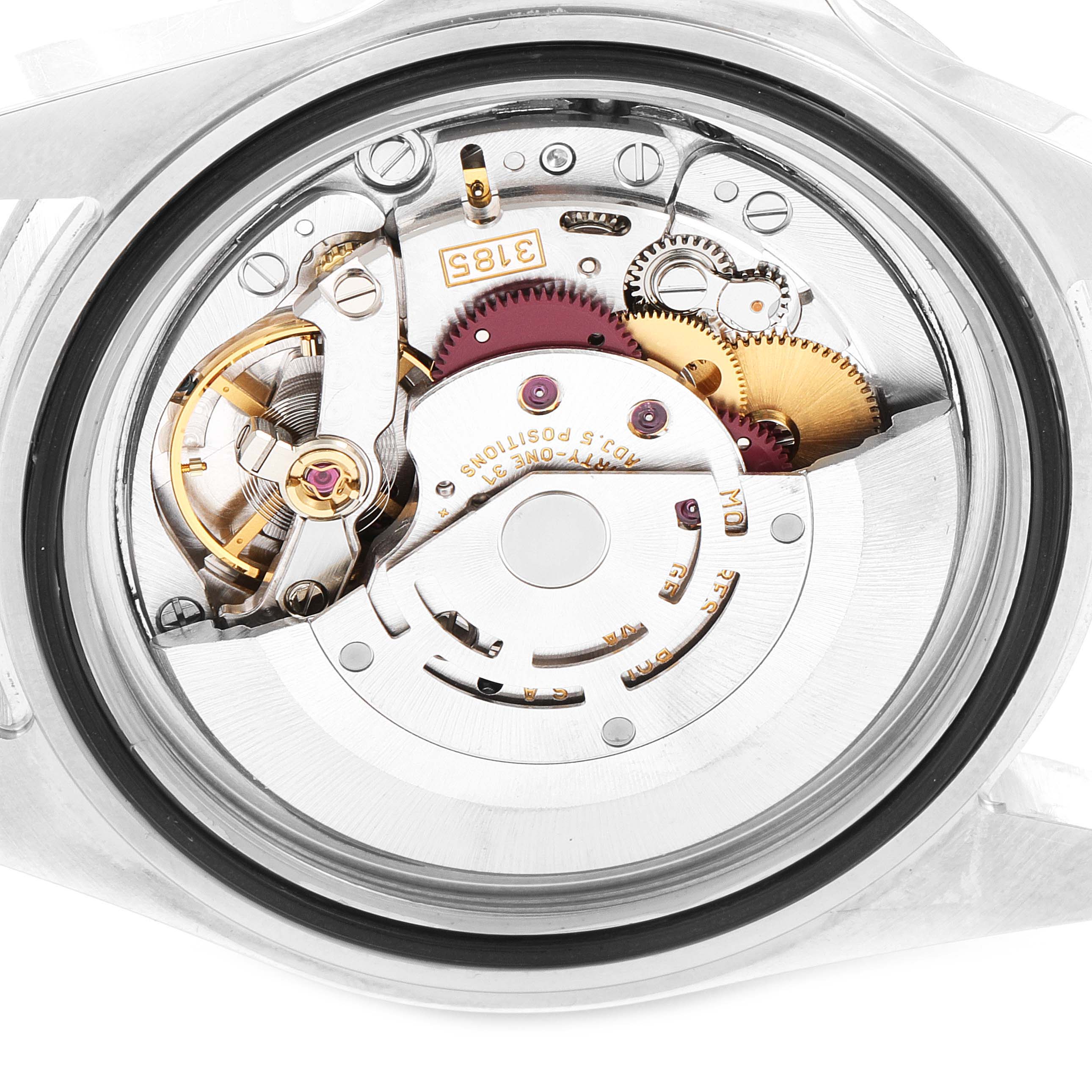 This image shows the Rolex Explorer 16570 Men's Stainless Steel White Dial 16570 Men's Stainless Steel White Dial watch movement from a direct top-down angle.