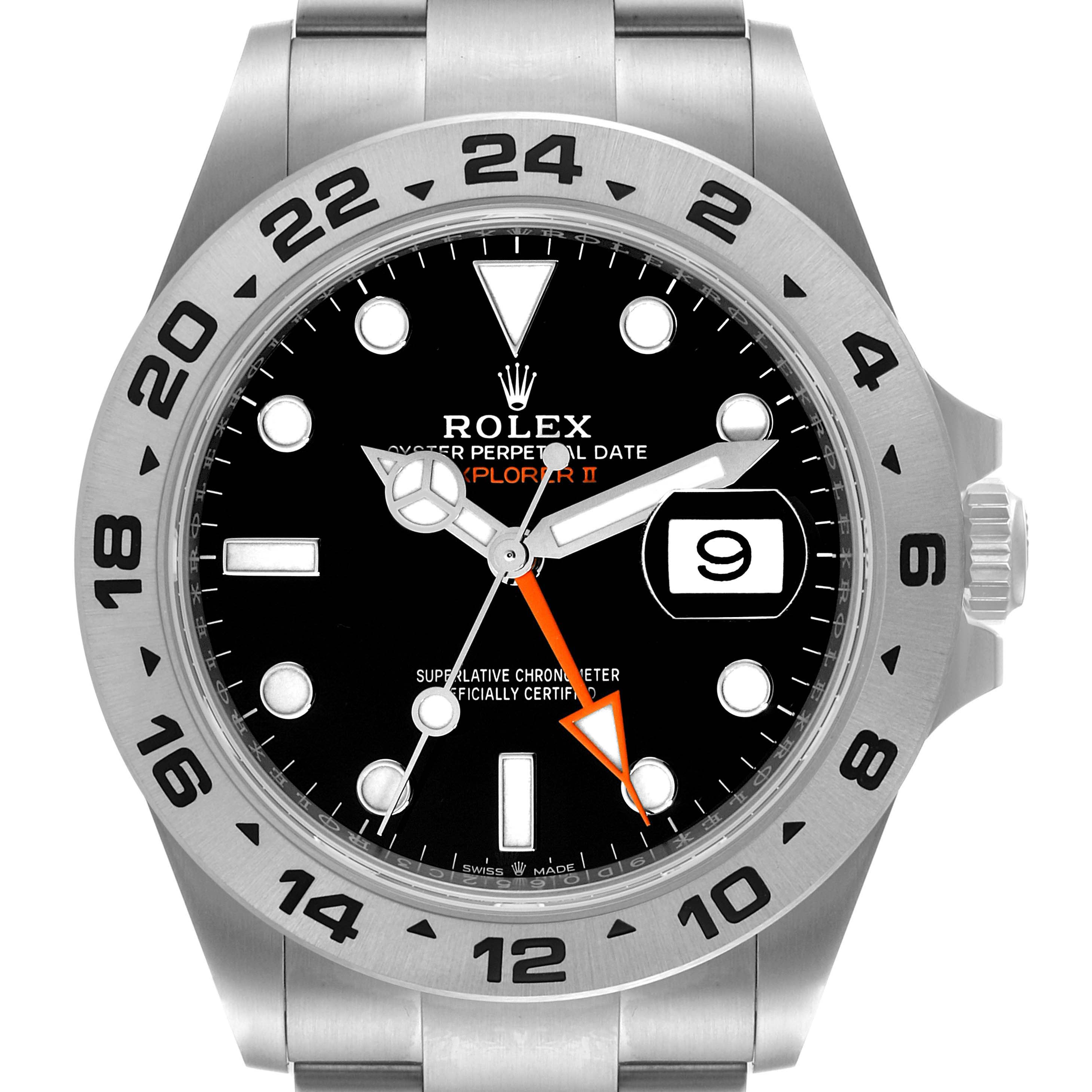 The image shows a front view of the Rolex Explorer 226570 Men's Stainless Steel Black Dial 226570 Men's Stainless Steel Black Dial watch, highlighting the dial, bezel, and part of the bracelet.