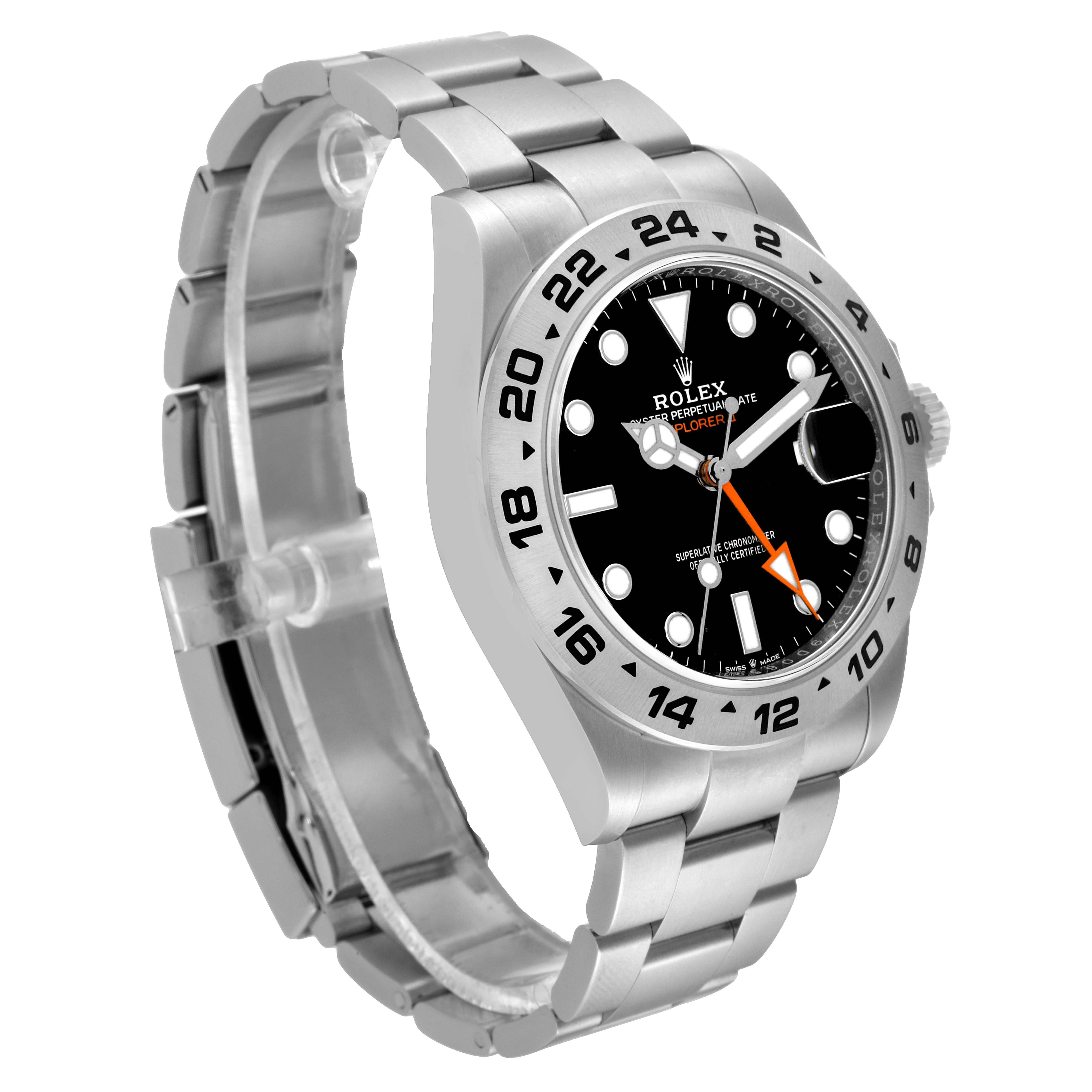 The image shows a side view of the Rolex Explorer 226570 Men's Stainless Steel Black Dial 226570 Men's Stainless Steel Black Dial watch, highlighting the dial, bezel, and stainless steel bracelet.